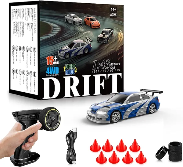 RC Drift Car, 1/43 Mini RC Drift Car with Gyroscope, 2.4GHz Full Proportional Remote Control Cars, 4WD High Speed Racing with Lights, Racing Tires, Model Cars Gift for Adults, Kids, Boys, Girls
