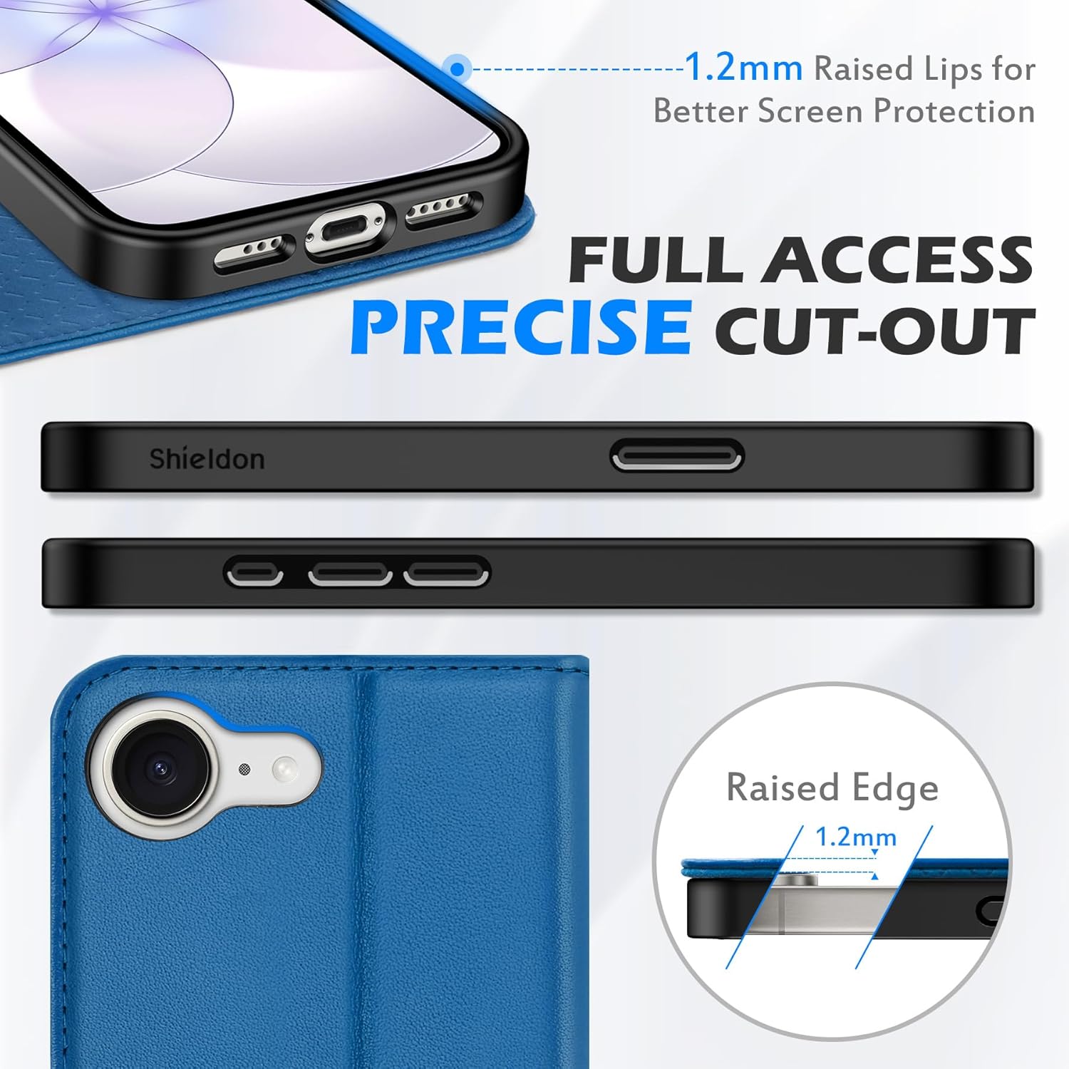 SHIELDON Wallet Case for iPhone 17e/16e 6.1", Genuine Leather Flip RFID Blocking Credit Card Slot Kickstand Magnetic Shockproof TPU Phone Holder Cover Compatible with iPhone 16e 2025 - Sapphire Blue