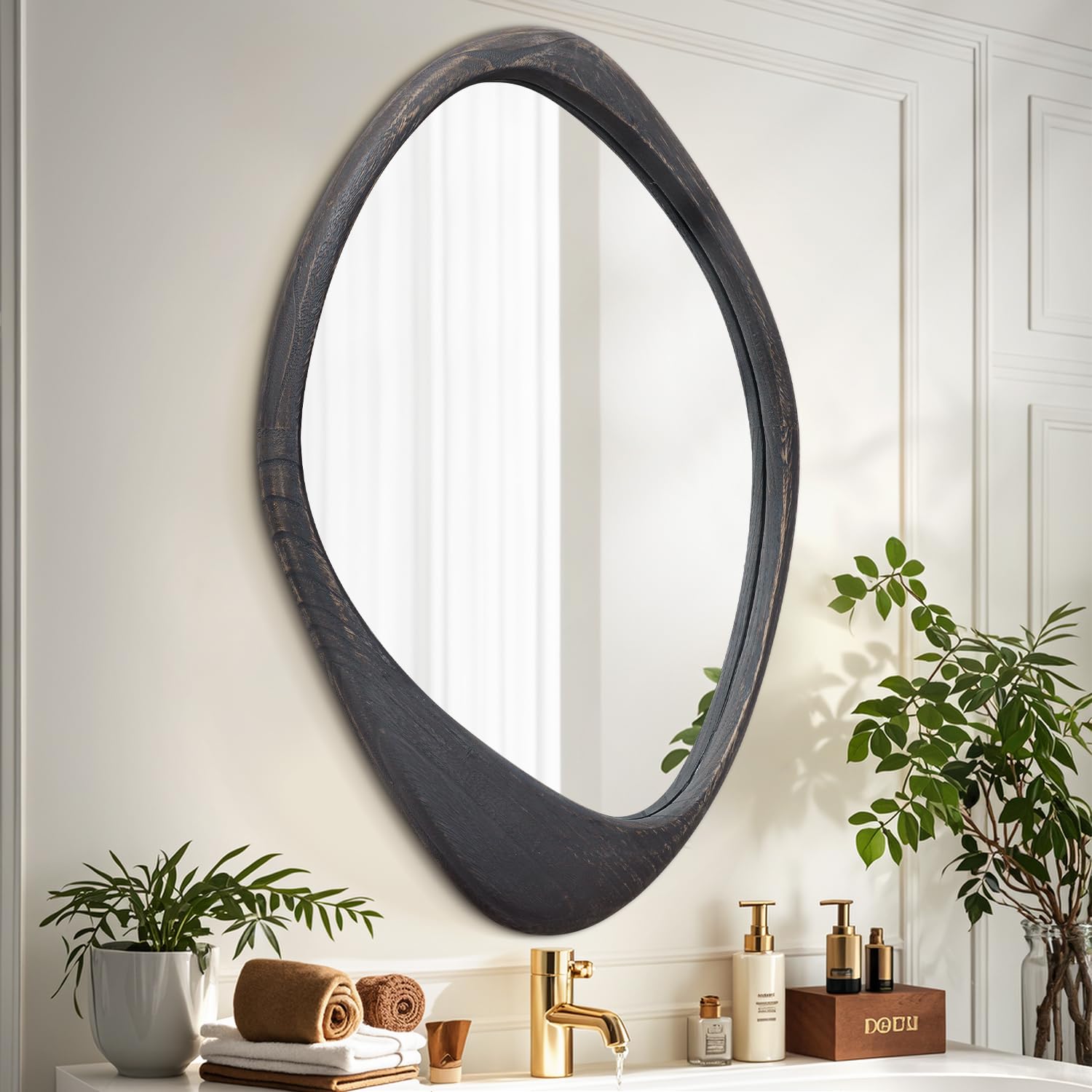 Aazzkang Pitchdark Large Irregular Wall Mirror With Wood Framed 60X40cm Vintage Asymmetrical Hanging Mirrors For Bathroom Bedroom Living Room Entryway