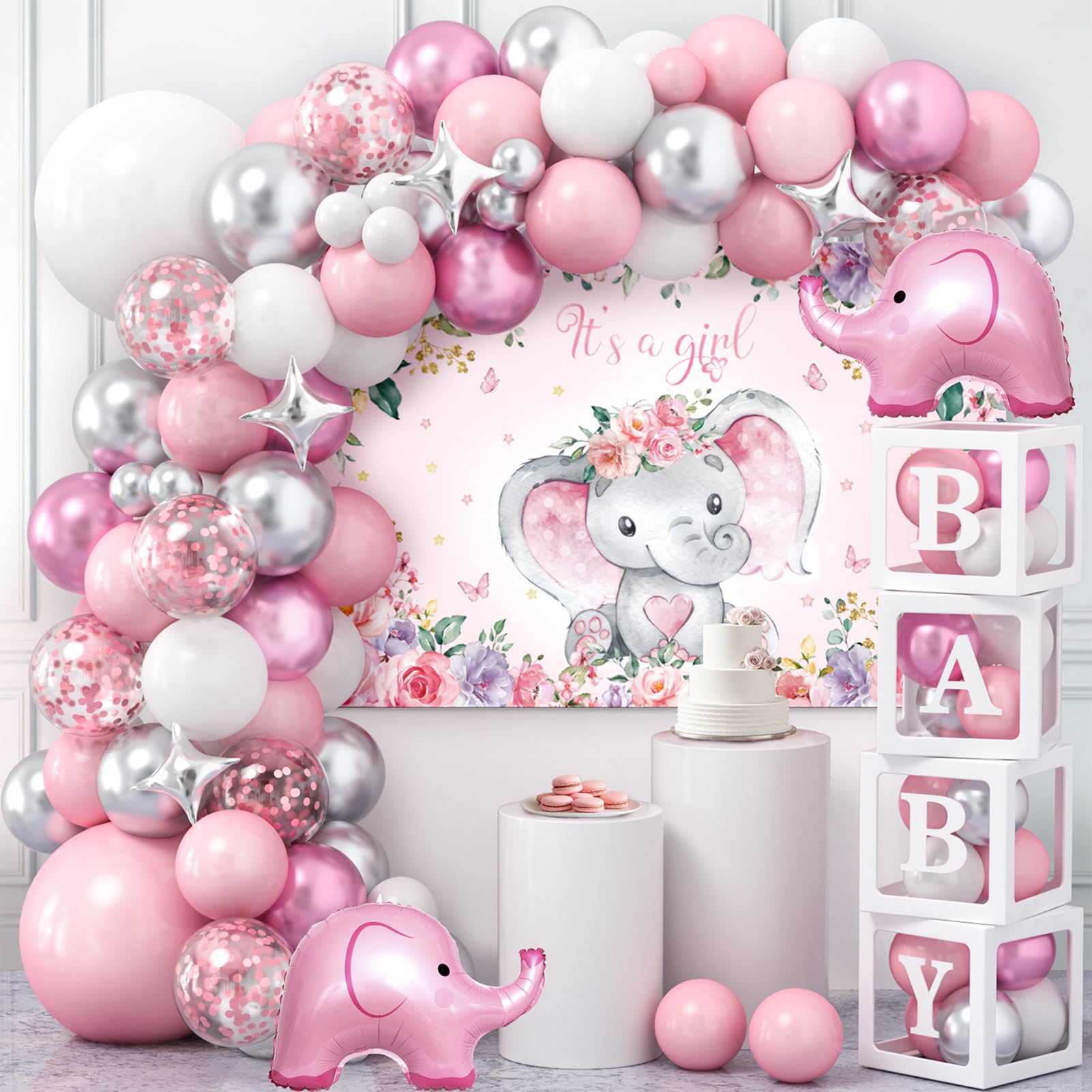Winrayk 138Pcs Elephant Baby Shower Decorations Girl, Baby Boxes with Letters & Pink White Silver Balloon Arch & It's a Girl Backdrop Huge Foil