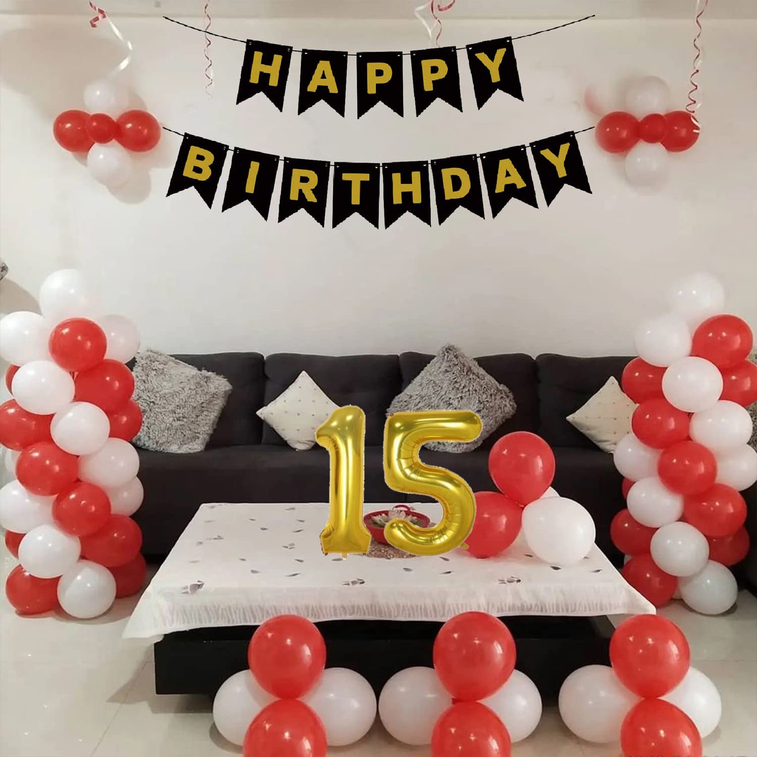 Dear Happy Party Studio 15th / 15 Year Birthday Decoration for Boys 33 Combo Kit - Black Birthday Backdrop Banner, Red and White Metallic Balloons Party Decorations Set Items