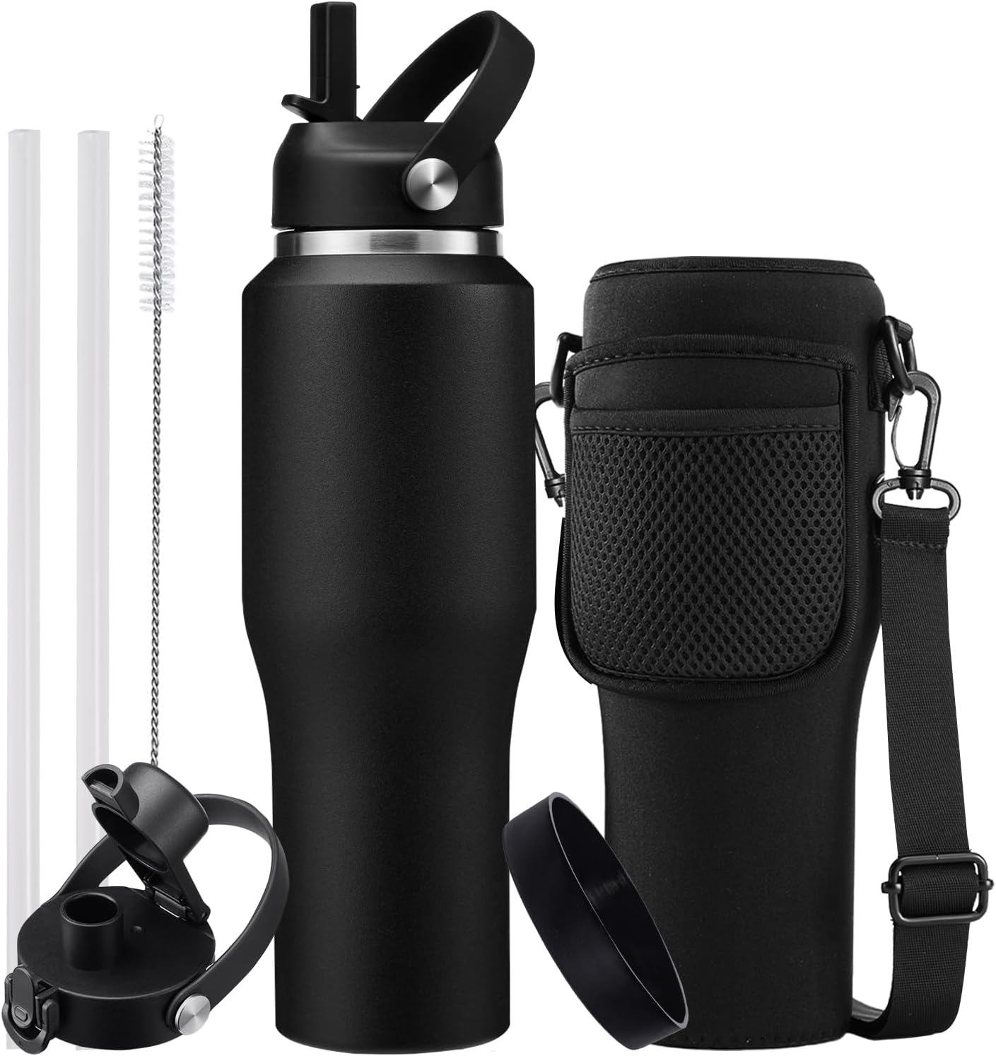 32oz Insulated Water Bottle Tumbler with Straw - Auto Spout Lid, Protective Boot, Carrier Pouch, Vacuum Stainless Steel Water Bottles Leak-Proof, Skinny Thermo Mug Flask Fit in Car Bike Cup Holder