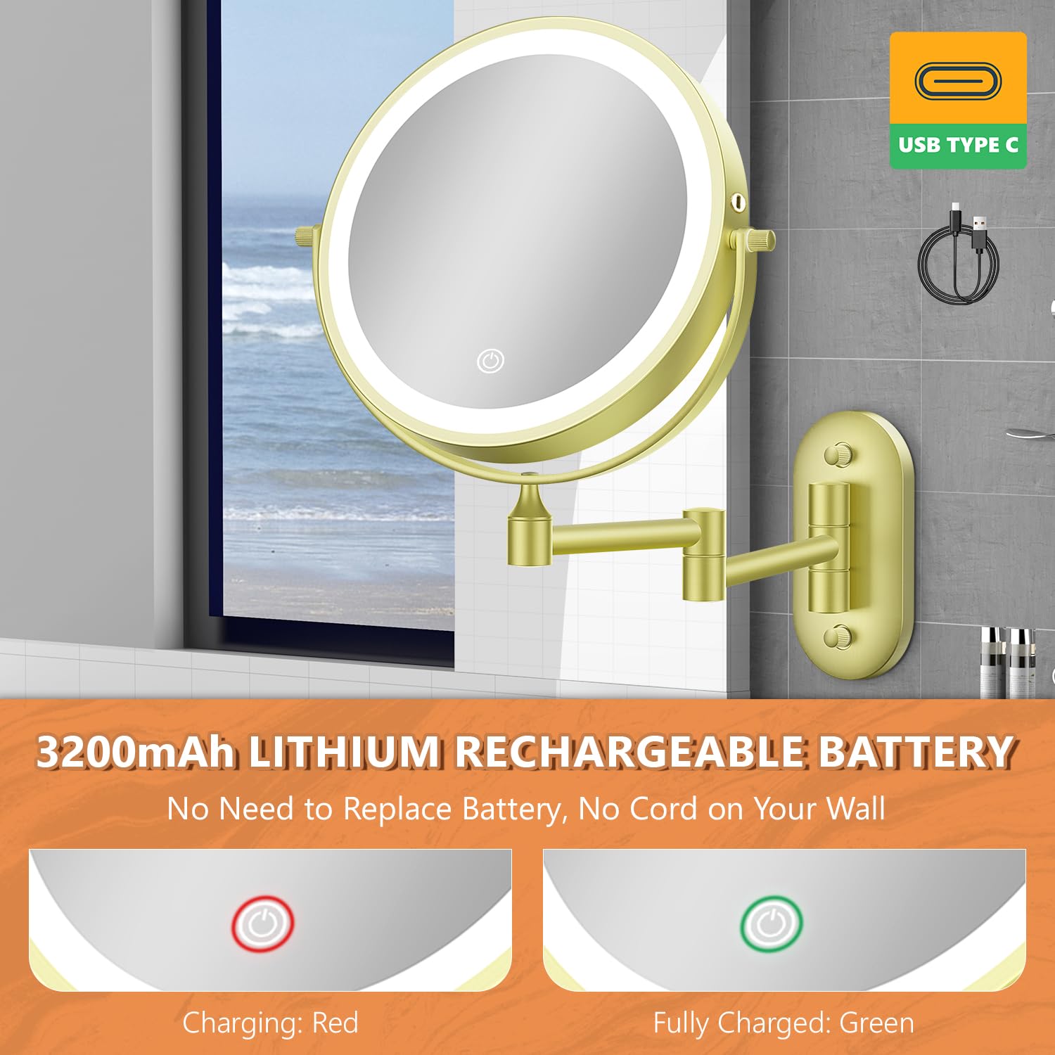 Miroir de maquillage mural double face de 20,3 cm avec lumière : miroir grossissant rechargeable 1X/30X 3200mAh, éclairage 3 couleurs à intensité variable et rotation à 360°, bras pliable, blanc