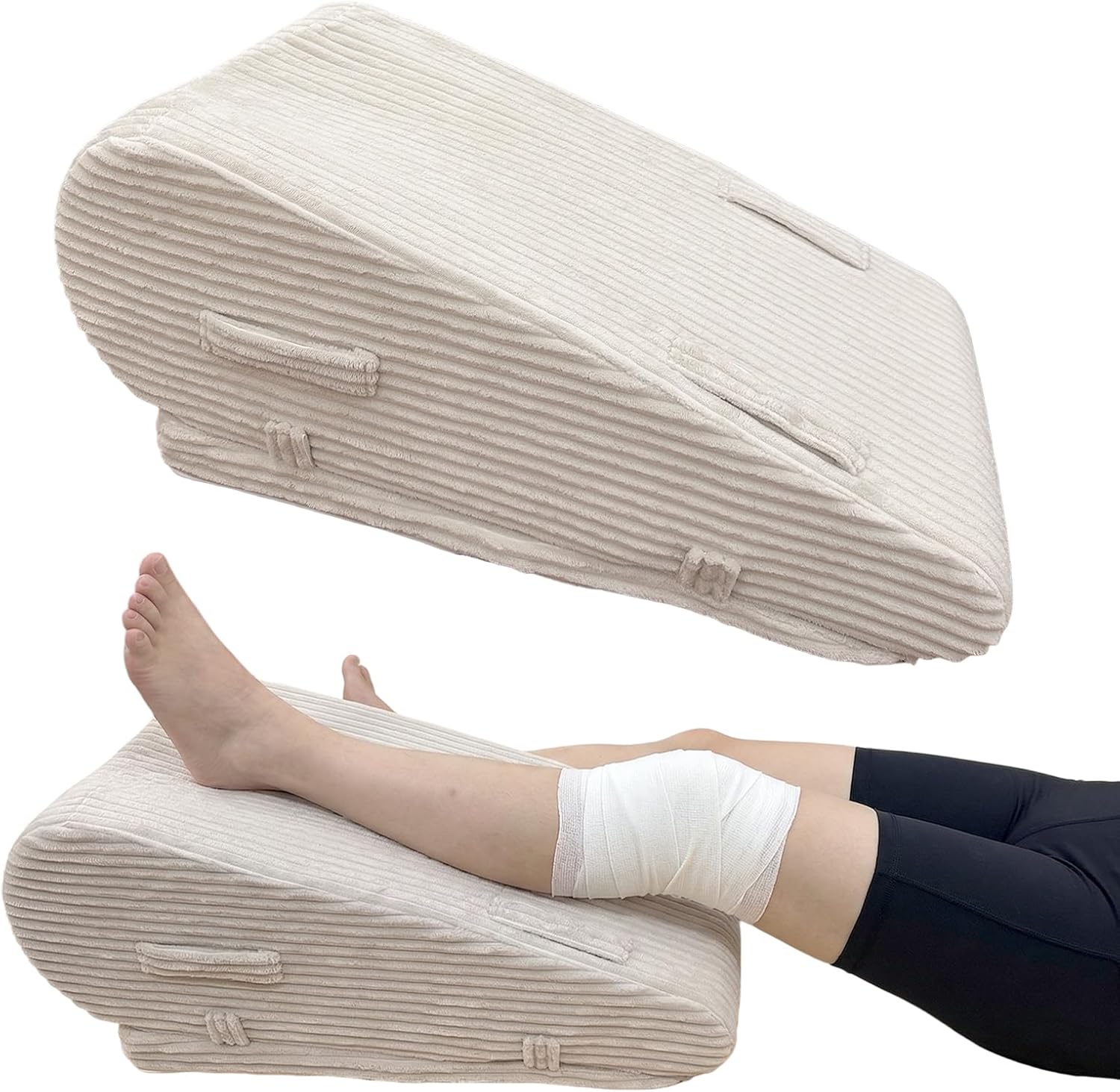Leg Elevation Pillow for After Surgery, Adjustable Height Leg Wedge Pillow with Medical Grade Foam & Beige Corduroy Cover, Single Knee Elevation Pillow for Swelling Relief & Sleep
