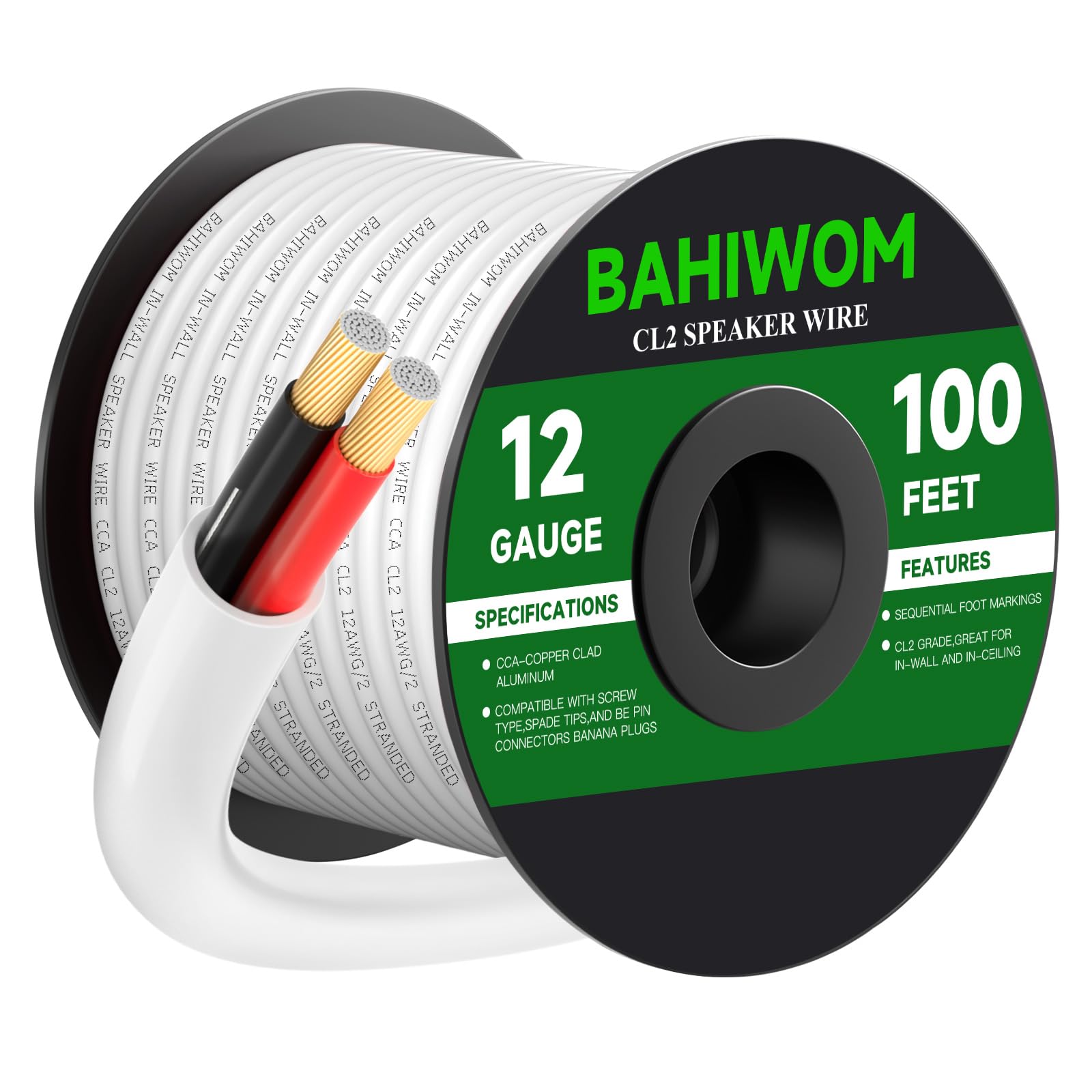 Fire Safety CL2 Speaker Wire in-Wall & in-Ceiling 12 Gauge Wire 100 FT CCA Cord 2 Conductors Red Black Speaker Cable for Indoor Home Theater System,Car Audio Soft White Jacket