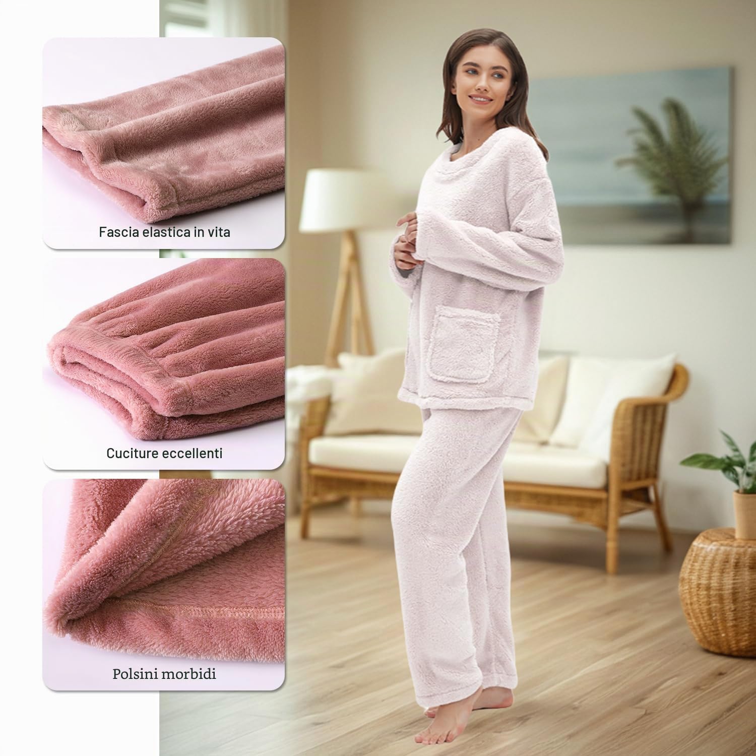 Set Pigiama da Donna in Pile Corallo, Morbido Pigiama da Donna a Due Pezzi a Maniche Lunghe e Pantaloni Caldi Pigiama con Tasche