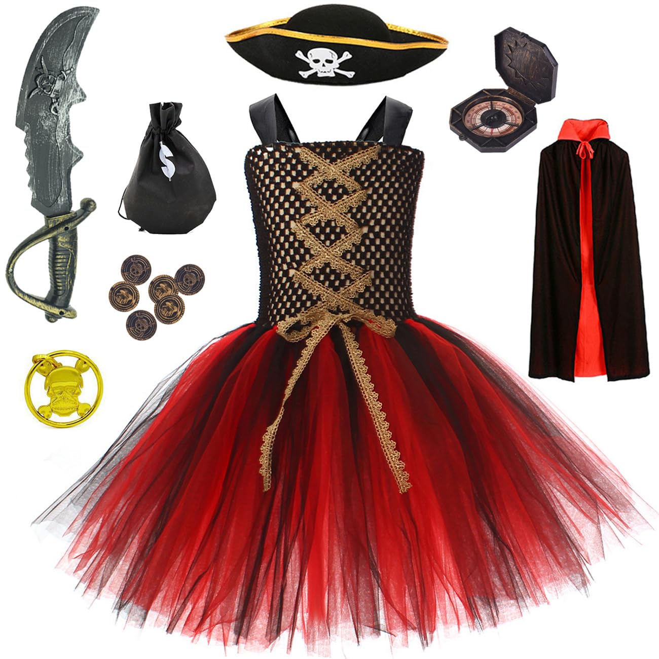 Windskids Disfraz de Pirata Niña con Capa Cosplay Princesa Pirata Falda Tutu y 6 Accesorios Pirata Gorro Brújula Moneda Pendiente Halloween Carnaval Fiesta Costume para Niños Talla 2-12 años