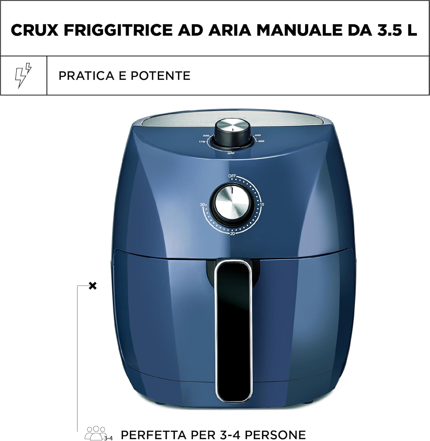 CRUX Friggitrice ad aria Manuale da 3,5 L, preriscaldamento più veloce, frittura senza olio, cestello antiaderente e griglia di cottura lavabili in lavastoviglie, acciaio inossidabile, blu