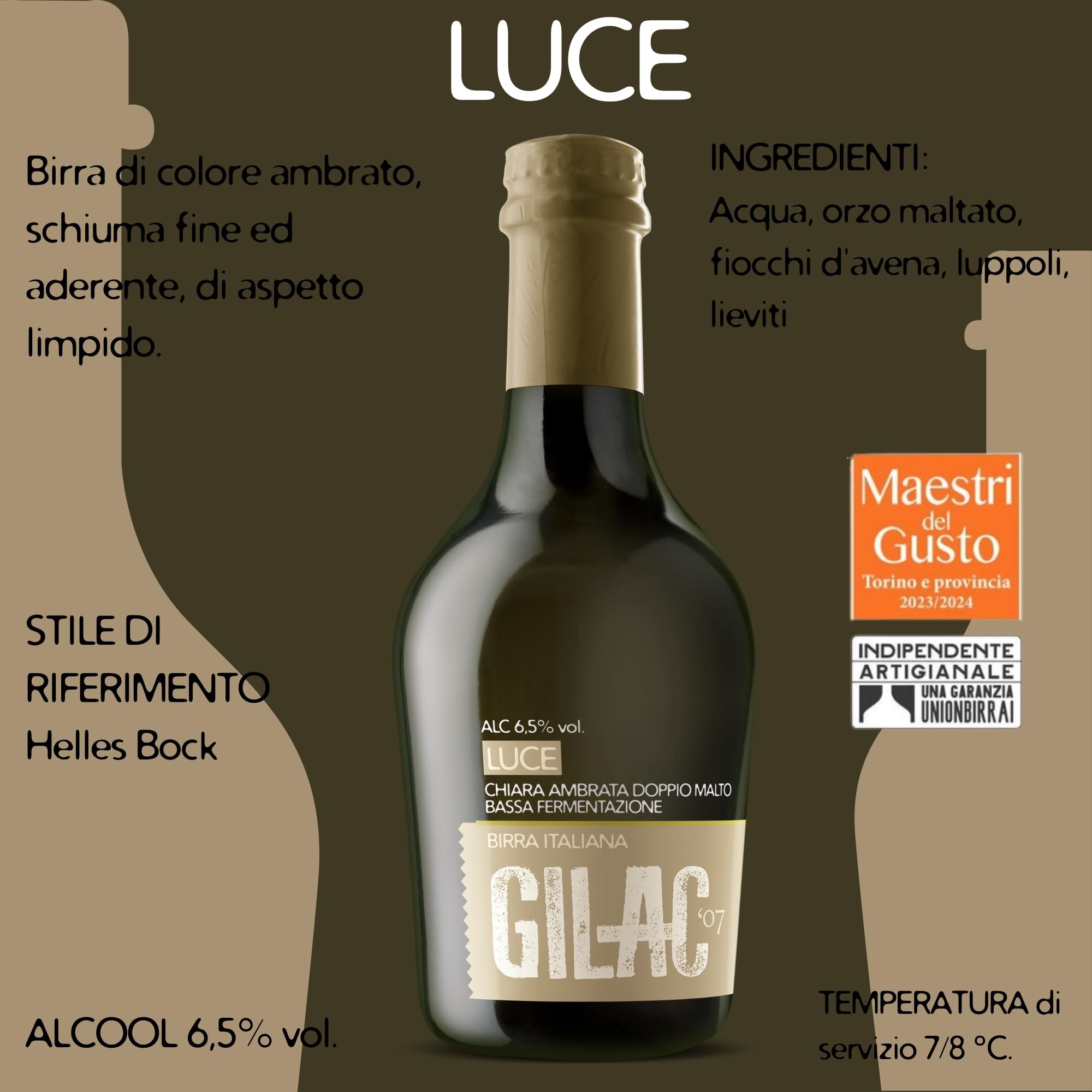 GILAC LUCE HELLES BOCK Birra artigianale Chiara Ambrata 6 Bottiglie da 75 cl, Birra Speciale Italiana Non Filtrata e Non Pastorizzata, Birre artigianali confezioni regalo - Alcol 6.5% Vol