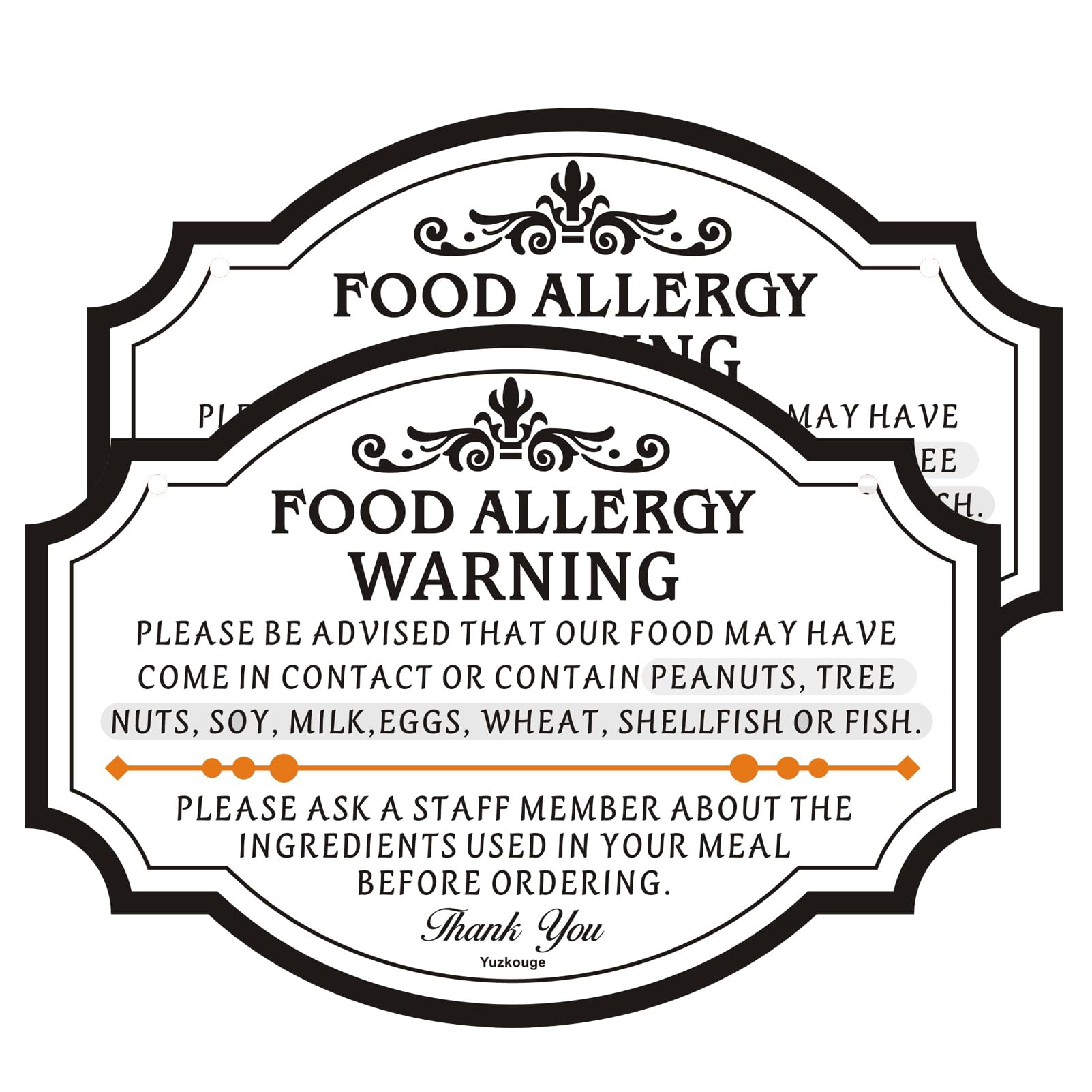 Food Allergy Warning Sign With Self - adhesive, 2 Pack 10” x 7” Thick Acrylic Food Allergy Notice Sign For Business Restauran Food Store Use