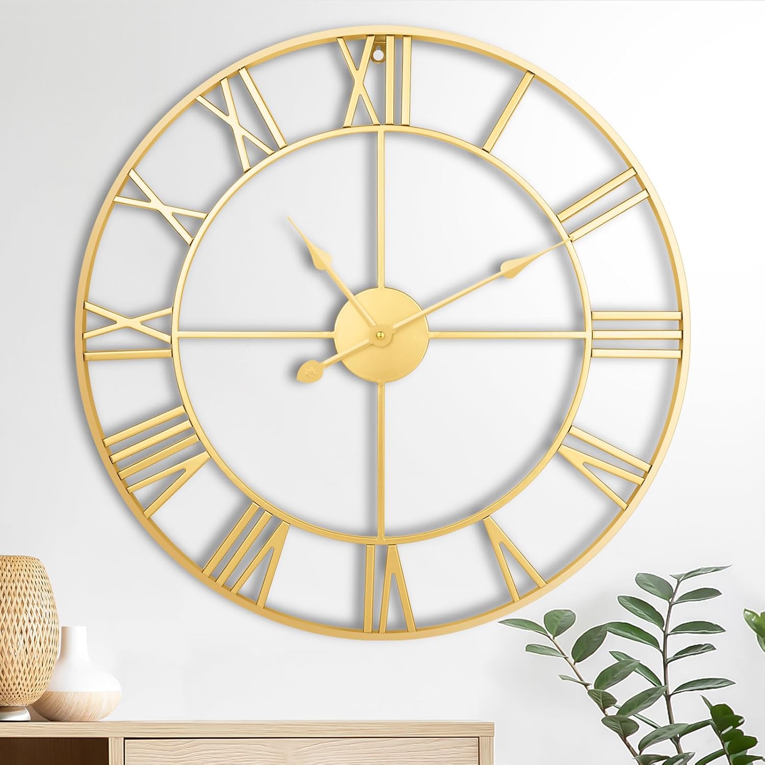 Large Wall Clock, 24-Inch(60CM) Roman Numeral Decorative Art Completely Silent, Non Ticking, Battery-Operated Metal for Living Room, Bedroom and Kitchen (Golden)