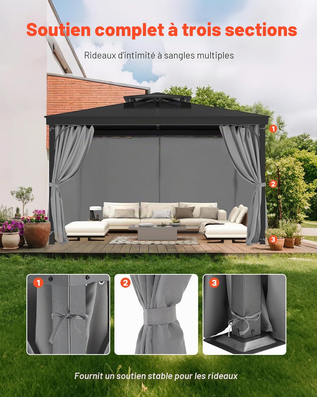 VEVOR Rideau d'intimité pour tonnelle imperméable extérieur, 283x340x203,5 cm, Rideau de Rechange Universel à 4 Panneaux, avec Fermeture éclair, pour auvent de Patio, Cour (Rideaux Uniquement), Gris