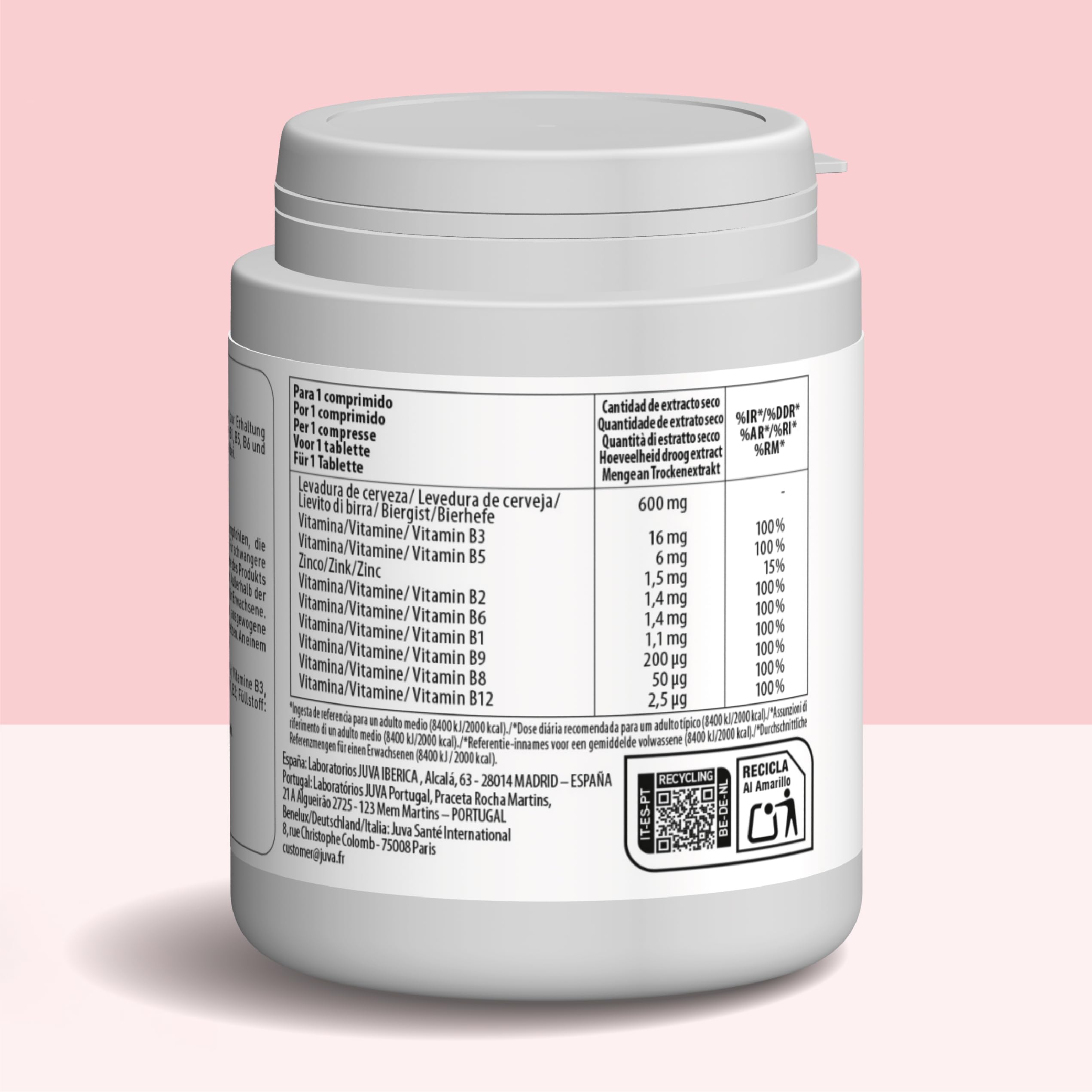 JUVAMINE Lievito di birra, bellezza della pelle, dei capelli e delle unghie, vitalità, vitamine B1, B2, B3, B5, B6, B8, B9 e B12 + zinco, programma di 5 mesi, prodotto in Francia