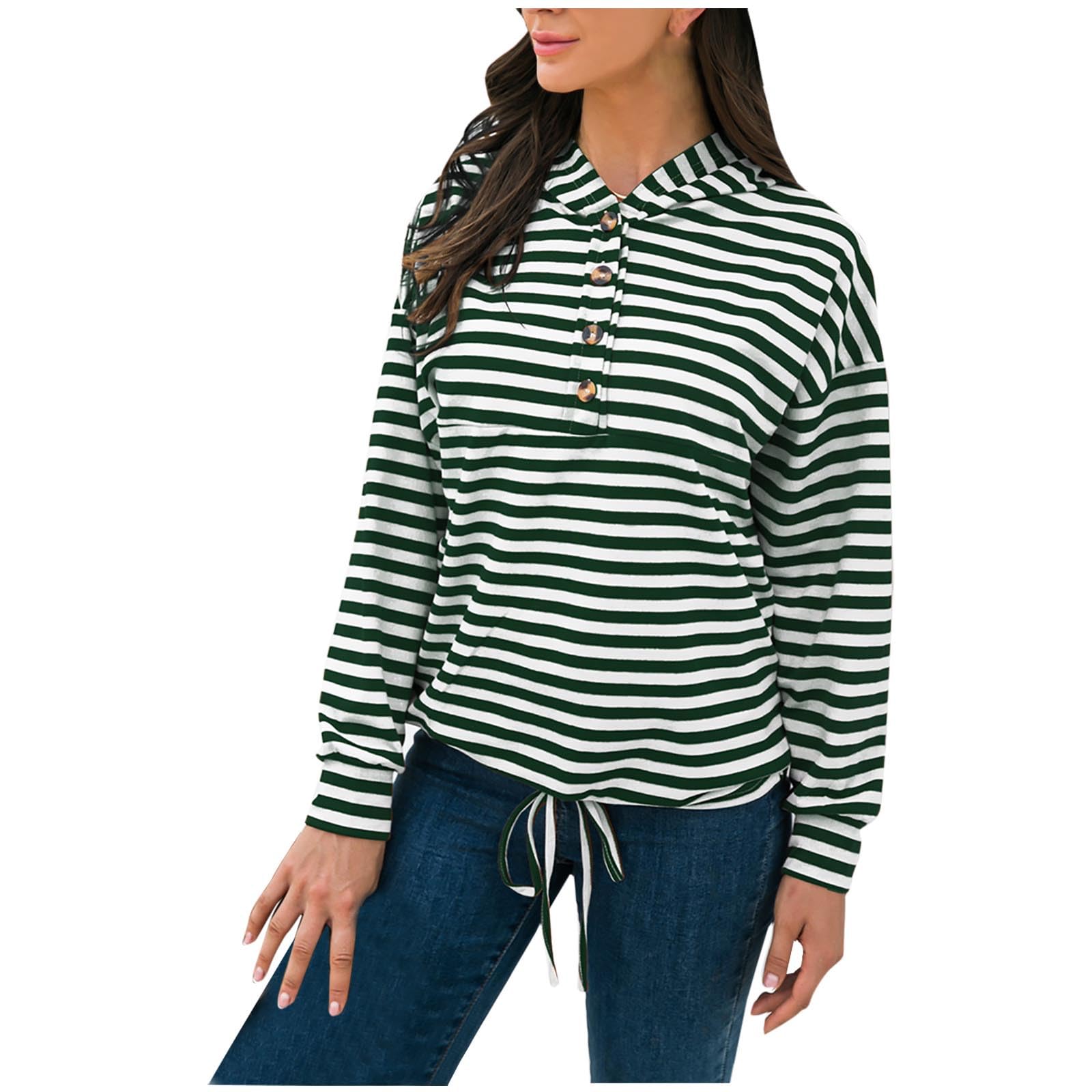 Womens Striped Henley Drawstring Tunic Tops Long Sleeve Hoodies Oversized Drop Shoulder Sweatshirts Trendy Pullover