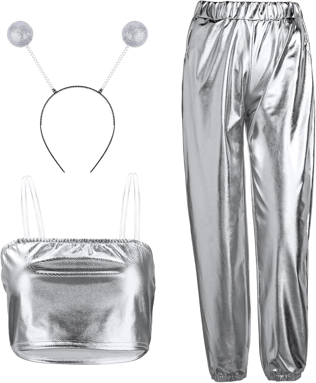 satinior halloween alien costume for women silver alien headband shiny high waist stretchy pants with metallic bra medium