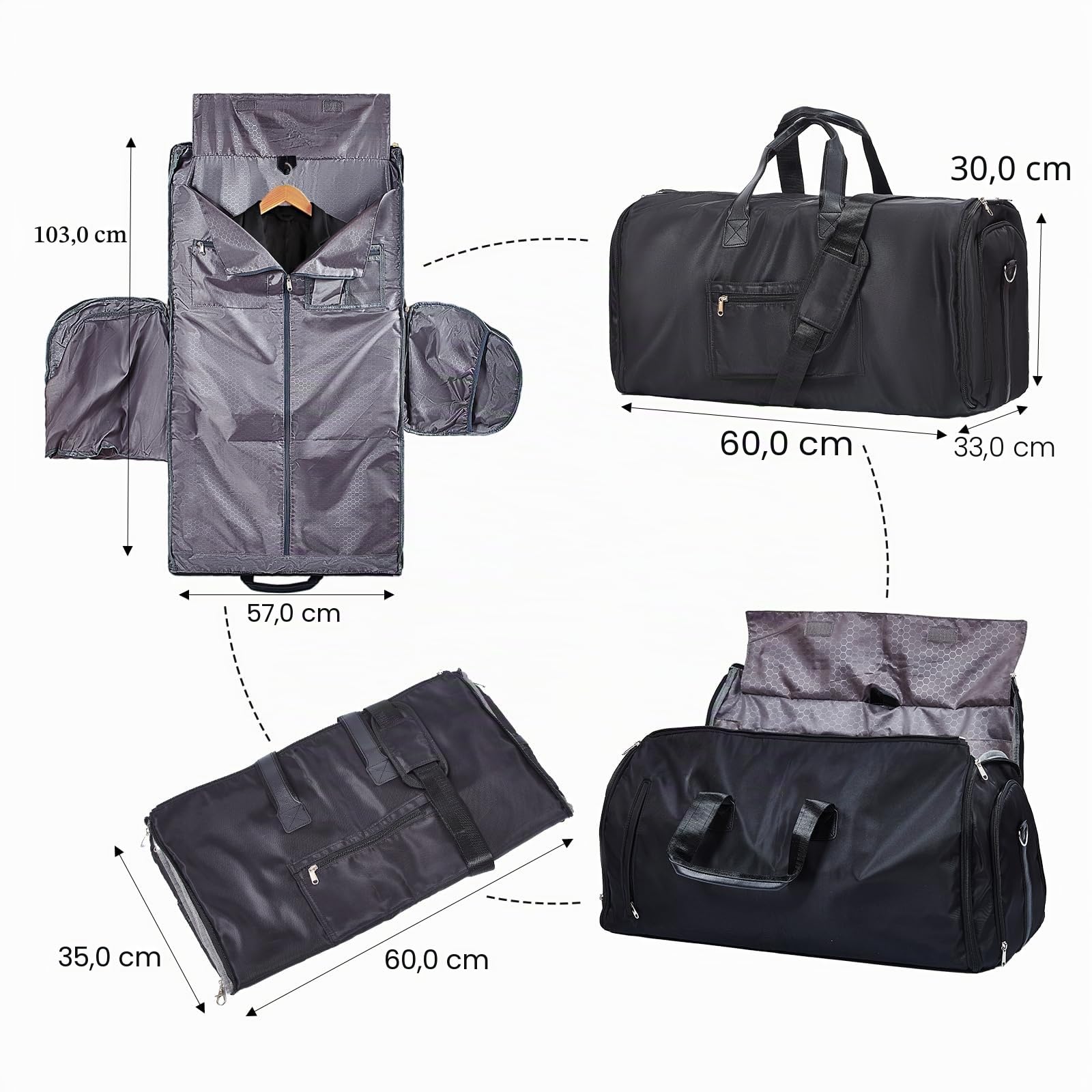 SINZUX 60L Housses de Costume de Voyage Housses de Vêtements avec bandoulière, 3 en 1 Convertible Housse Costume Homme, imperméable Sac de Sport Poches de Rangeme Sac de Protection pour Costumes