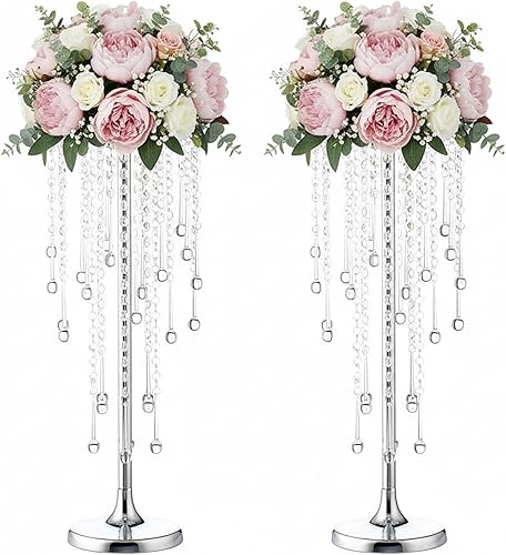 Soporte central de boda de 21.6 pulgadas, jarrón de metal plateado con cristal de 2 piezas encantador portavelas para mesas de recepción, decoración