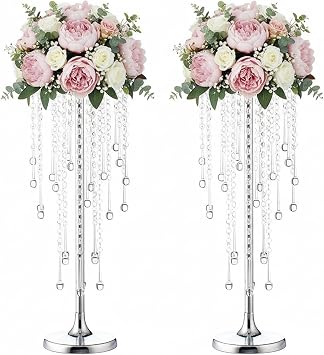21.7in Tall Silver Vases for Table Centerpieces - 2pcs of Metal Flower Stands with Sparkling Crystal Beads, Elegant Flower Vases for Anniversary Birthday Party Christmas Event Wedding Home Decor