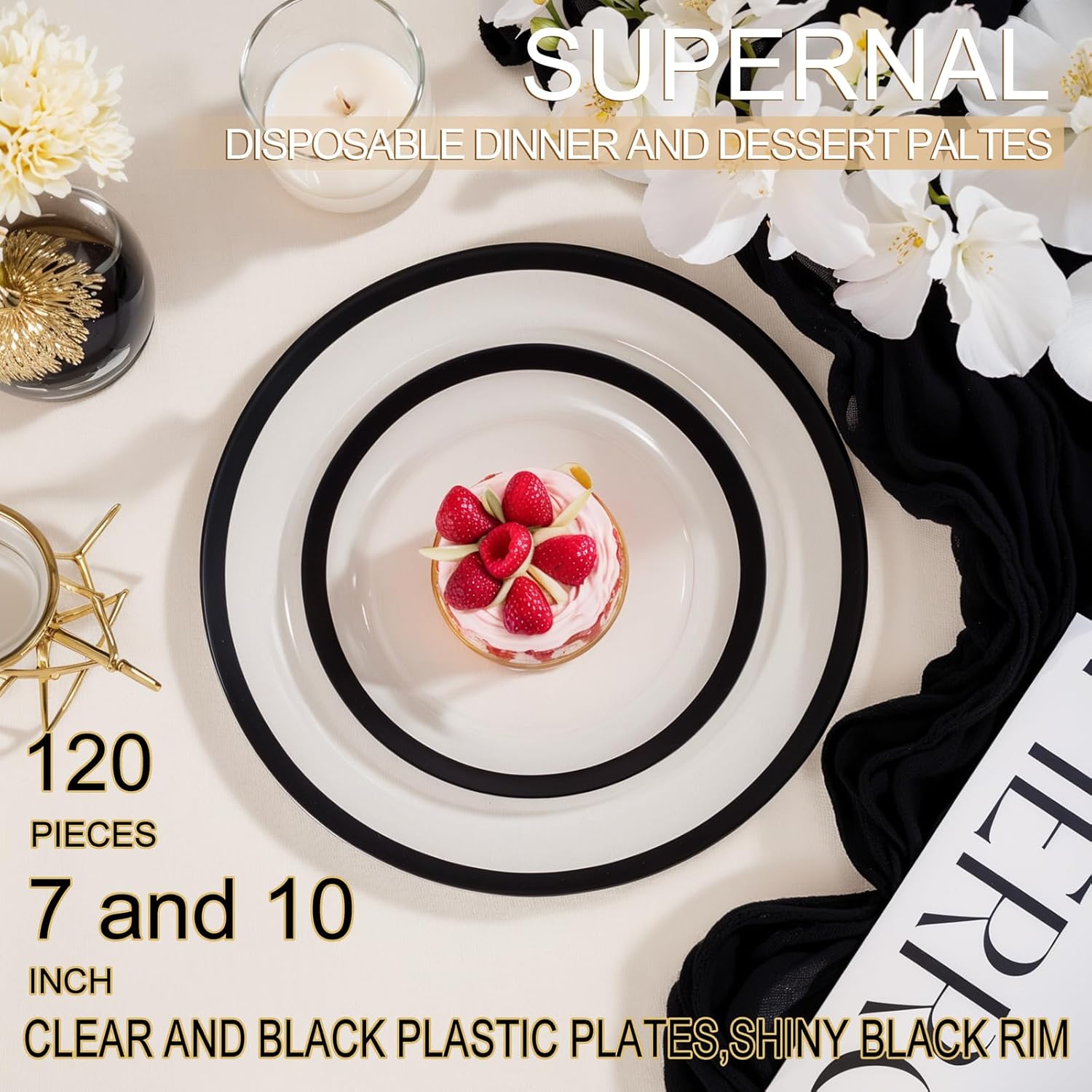 supernal Elegant Disposable Plates, 120-Pack Black Plastic Plates, Clear and Black Heavy Duty BPA-Free Plastic Dinnerware Set for 60 Guests Perfect for Wedding, Upscale Parties & Catering
