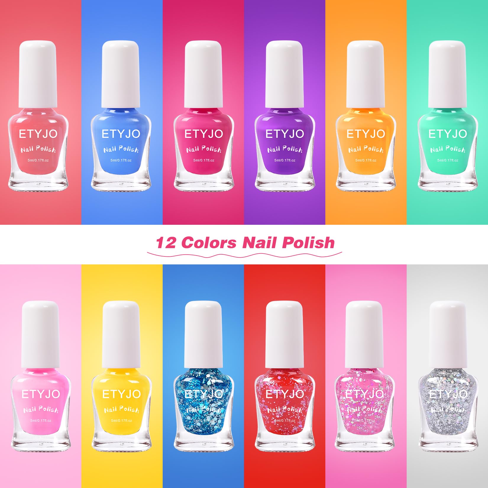 ETYJO Kids Nail Polish Set - 12 Glitter Colors, Non-Toxic, Water-Based Peel-off, Quick-Drying, Perfect for Girls & Toddlers