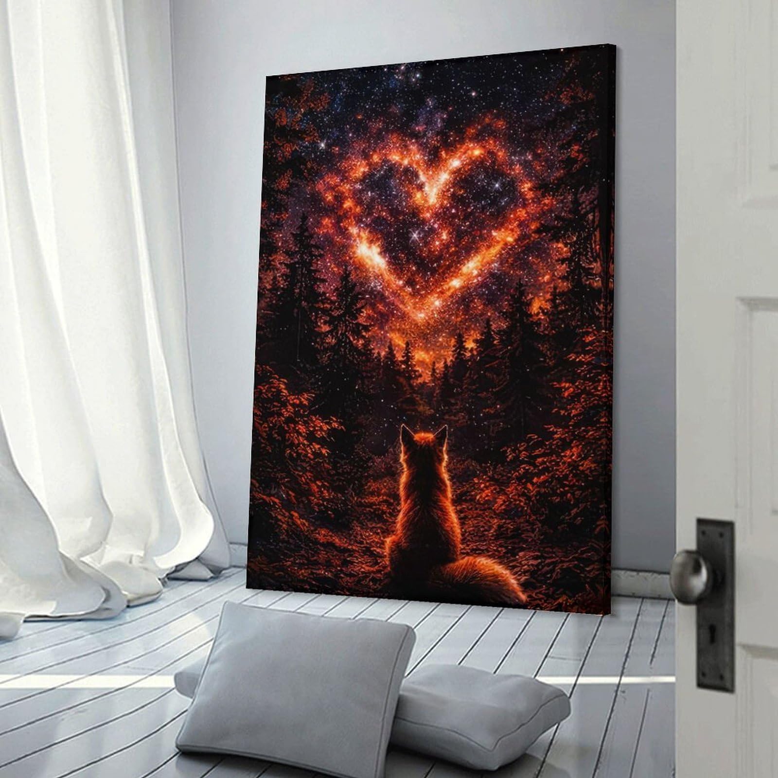Junmoney Canvas Wall Decor Fox Gazing at Starry Heart in Forest, 20x30inch(50x75cm), for Gallery Wall Decor And Room Displays, An Easy Match for Collected Prints