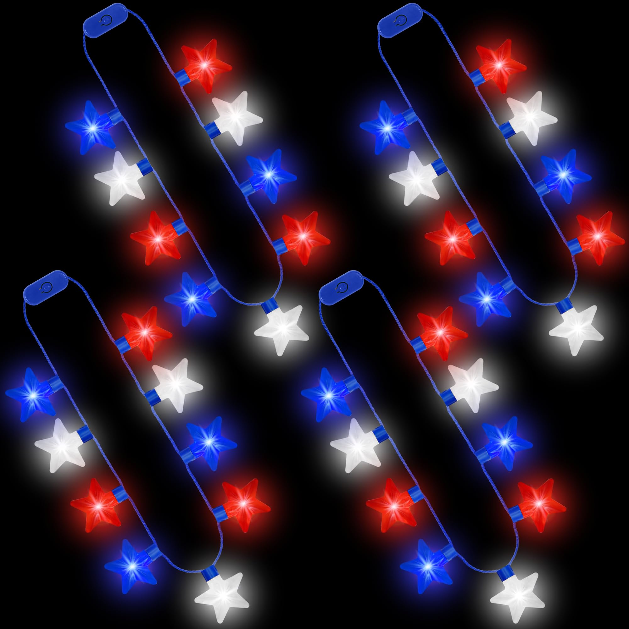 Independence Day Necklace Accessories, 4Pcs LED Holiday Light Up Stars Necklace, Red Blue White Flashing Accessories for 4th of July Parades Patriotic Celebration Themed Firework Party Memorial Day