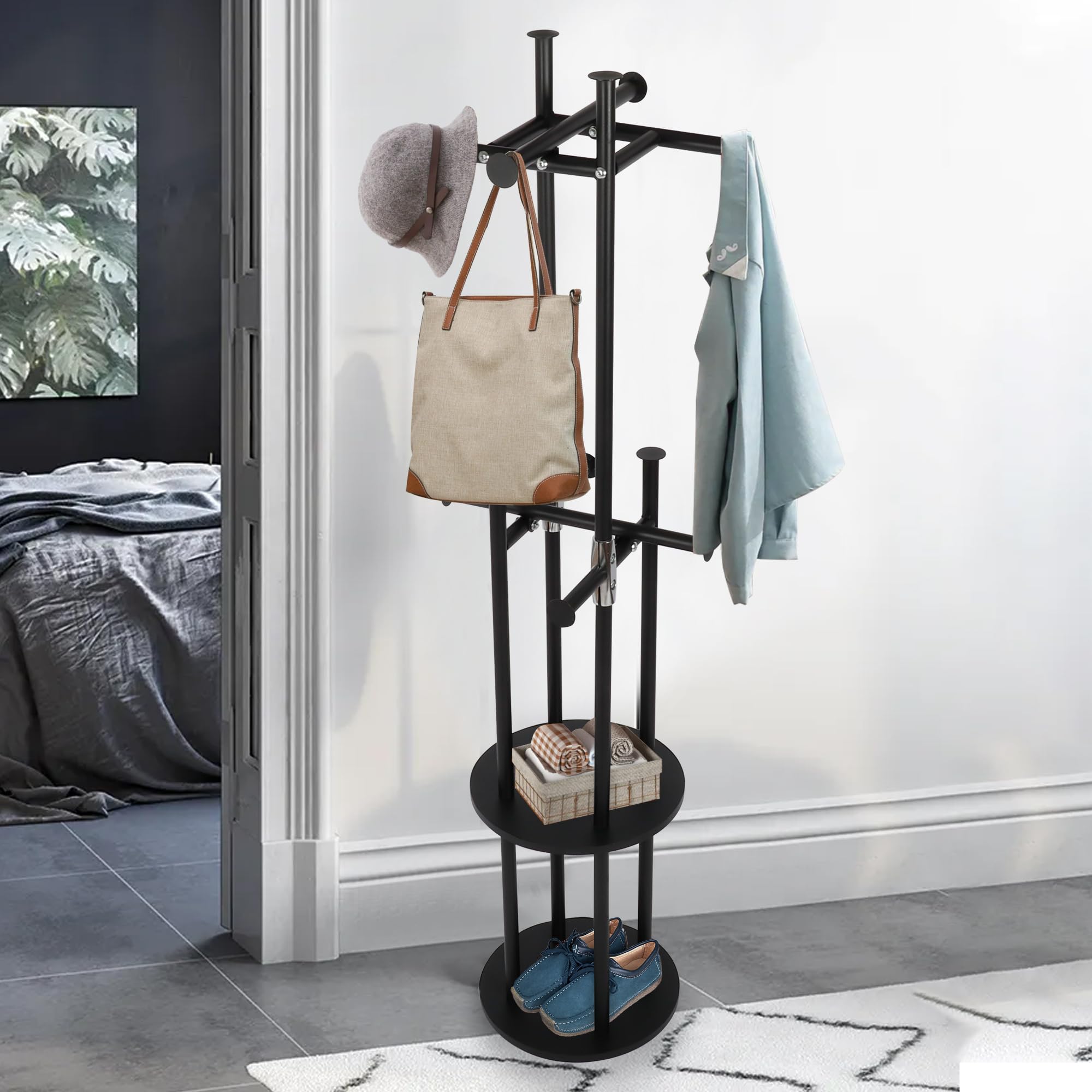 Rotierender Kleiderständer, freistehend, Metall, 360 ° drehbar, Kleiderbügelständer, 4 Etagen, Halle, Baumregal, Ständer mit 2 Ablagefächern und 8 Haken, für Wohnzimmer, Eingangsbereich, Flur
