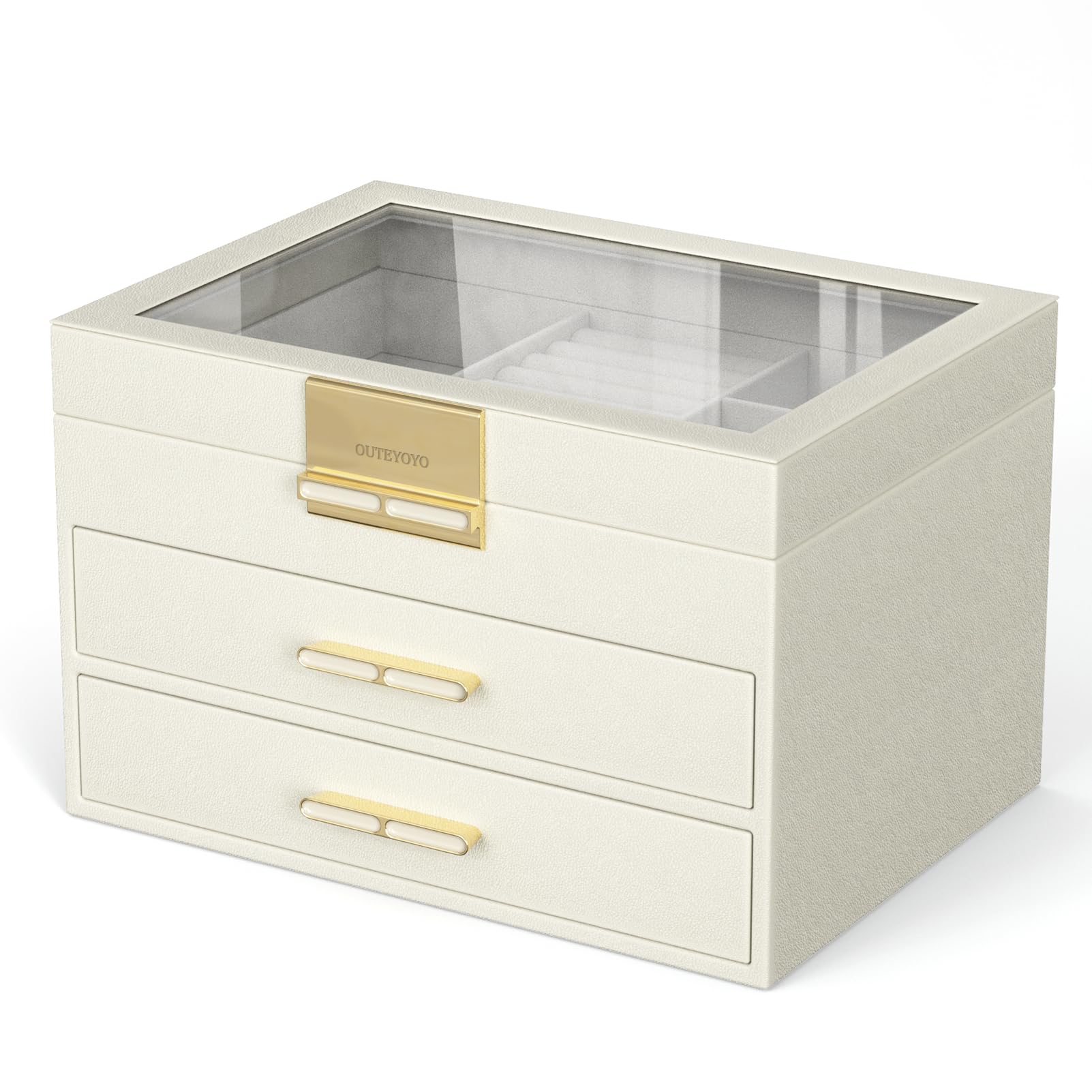 outeyoyoouteyoyo Jewelry Box with Glass Lid, 3-Layer Jewelry Organizer, 2 Drawers, for Big and Small Jewelry, Earrings, Rings, Necklaces, Bracelets - Ideal Gift for Women (Ivory, Model A2307BE)