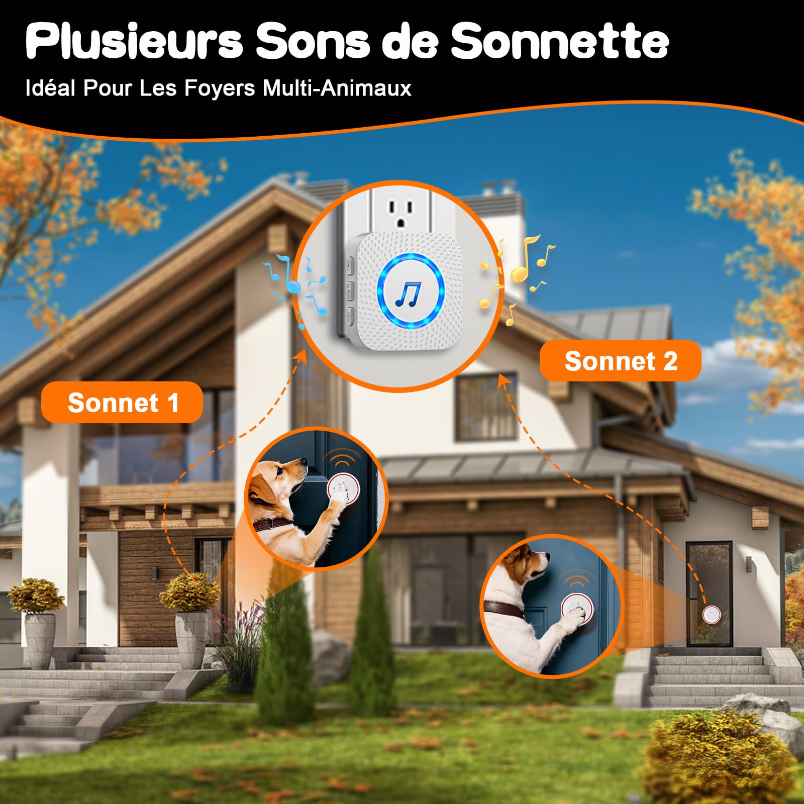 ChunHee Sonnette pour Chien Porte/Carillon pour Chat/Cloche Porte Chien - Entraînement aux Toilettes, sans Fil Étanche IP55, 55 Mélodies (1 Récepteur + 1 Émetteur)