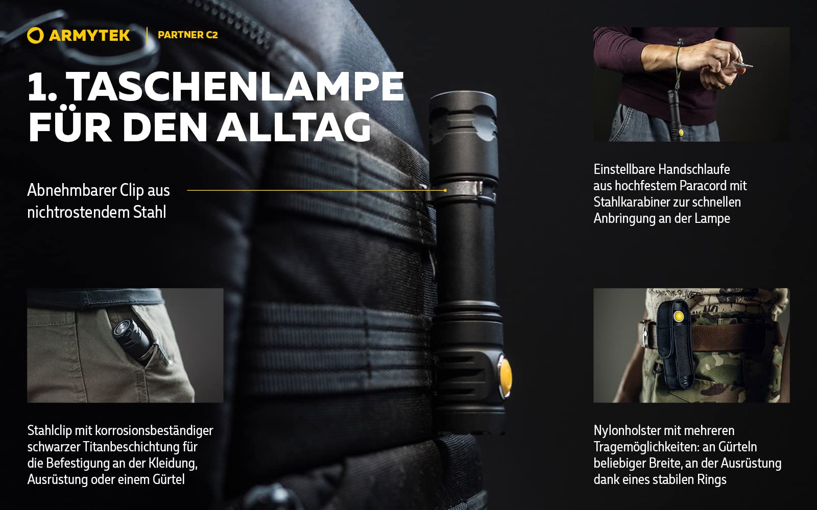 Lampe Torche LED Armytek Partner C2 – 1100 Lumens, 240m, USB Rechargeable, étanche IP68