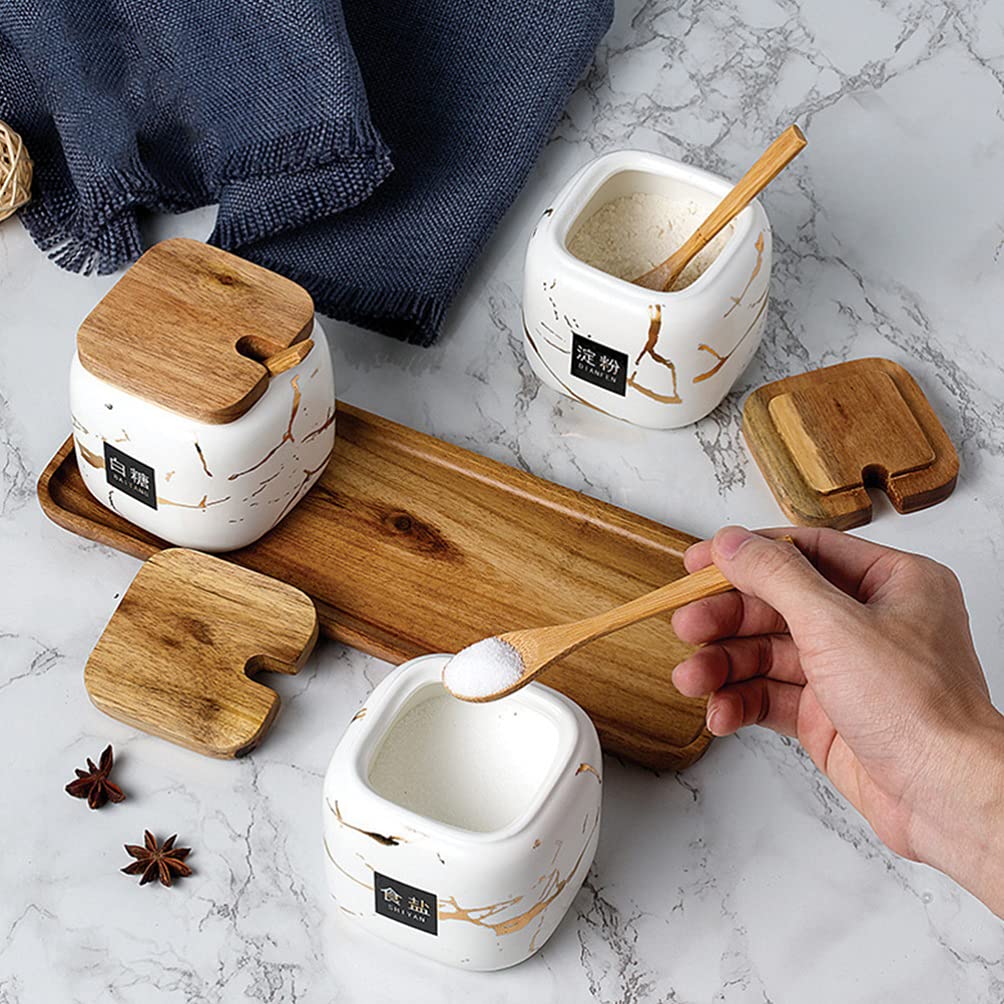 1 Set Barattoli per condimenti Portaspezie Contenitore per condimenti in Ceramica Rack Portaspezie Contenitore con Coperchio a Cucchiaio Vassoio per Cucina tè caffè Zucc