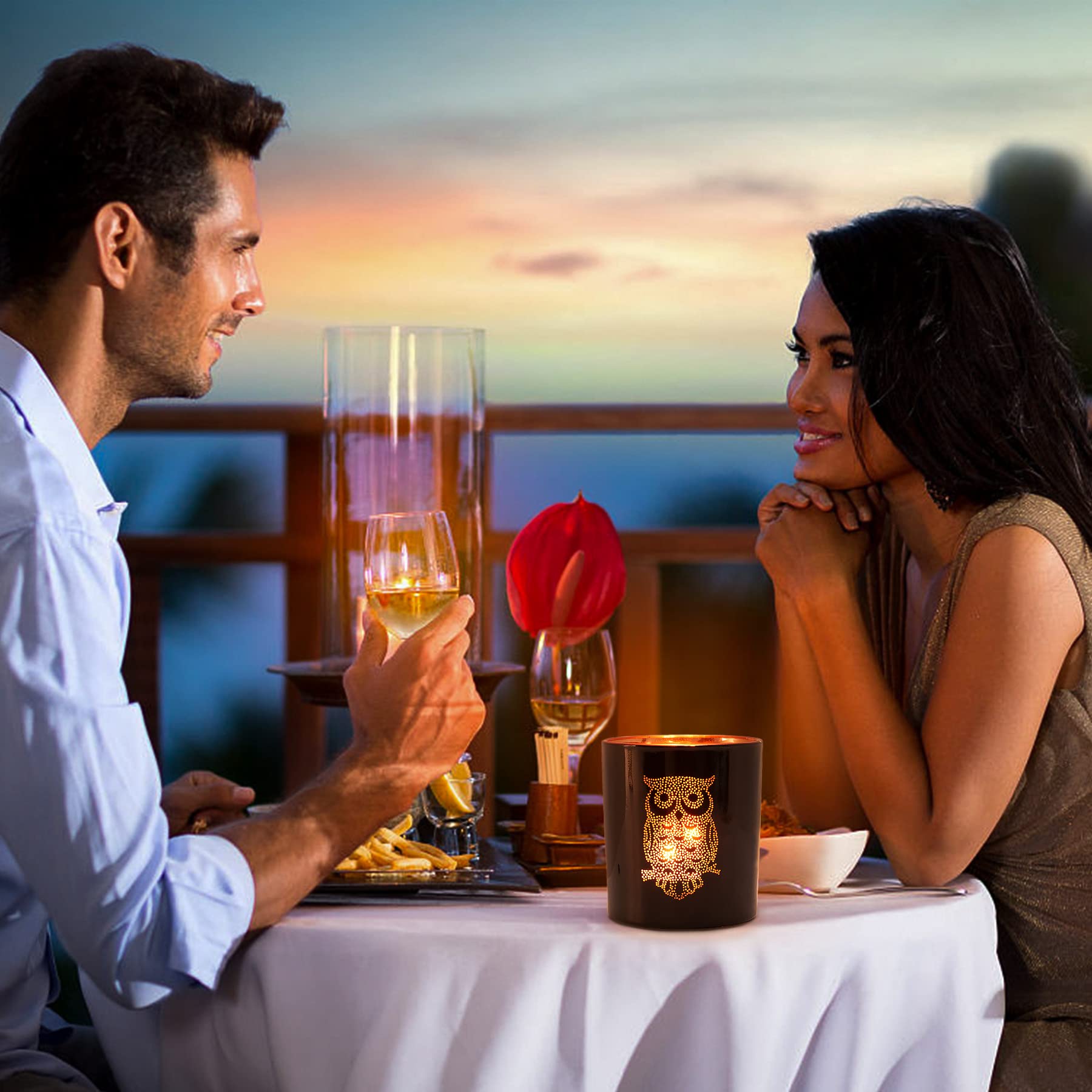 Larcenciel Owl Votive Candle Holders, Vintage Glass Tea Light Candle Holders, Black Gold Candlesticks for Eid Wedding Baby Shower Christmas Table Centerpiece Diwali Hanukkah Advent Shabbat Party Decor