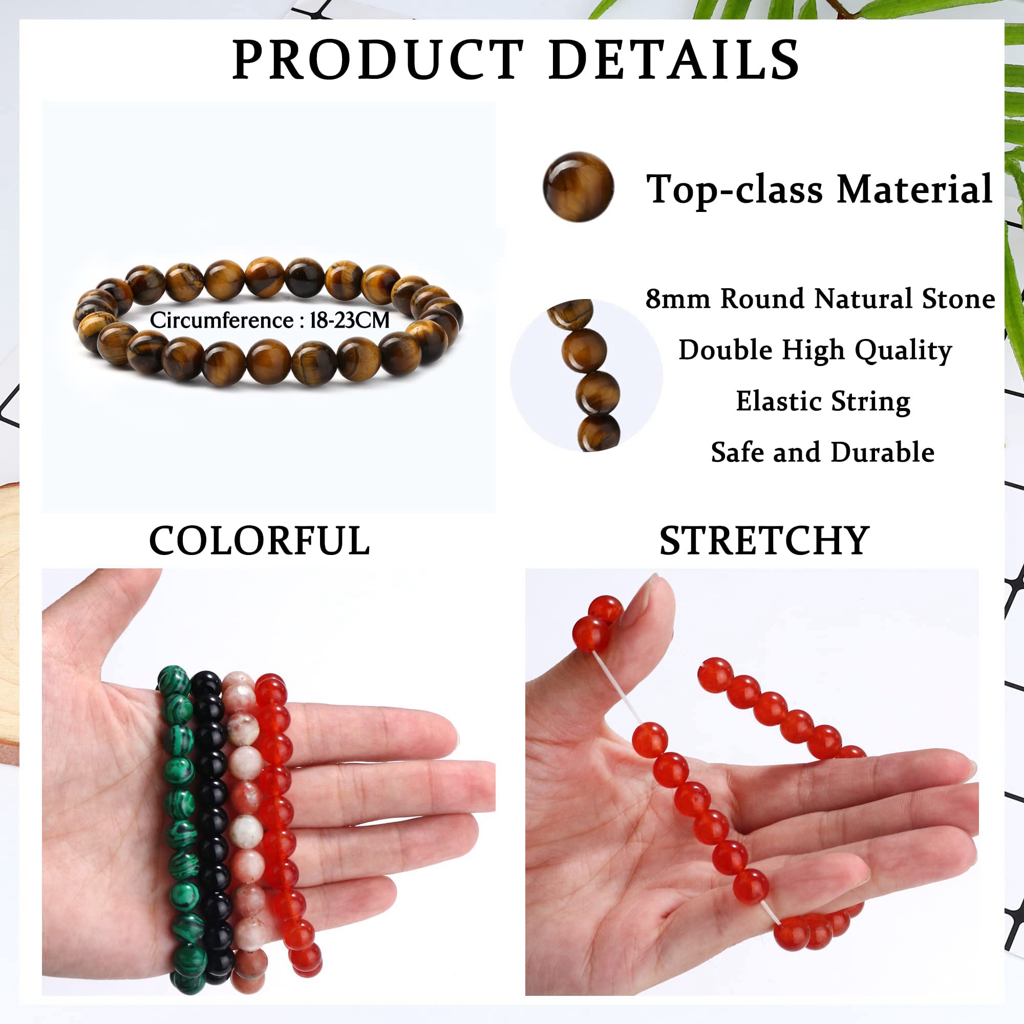 YADOCA 12 Pezzi 8mm Braccialetti di Perline per Uomo Donna Healing Bracciale in Pietra Naturale Regolabile Stretch Braccialetti Occhio di Tigre Perline Set