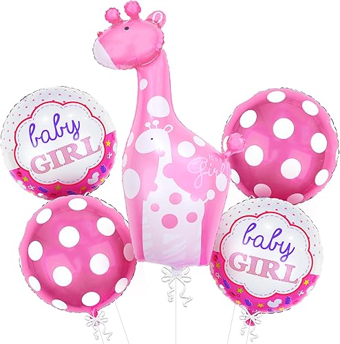 KatchOn Decoraciones de jirafa rosa para baby shower, paquete de 5 Globos It's A Girl para decoración de fiesta de jirafa bebé niña