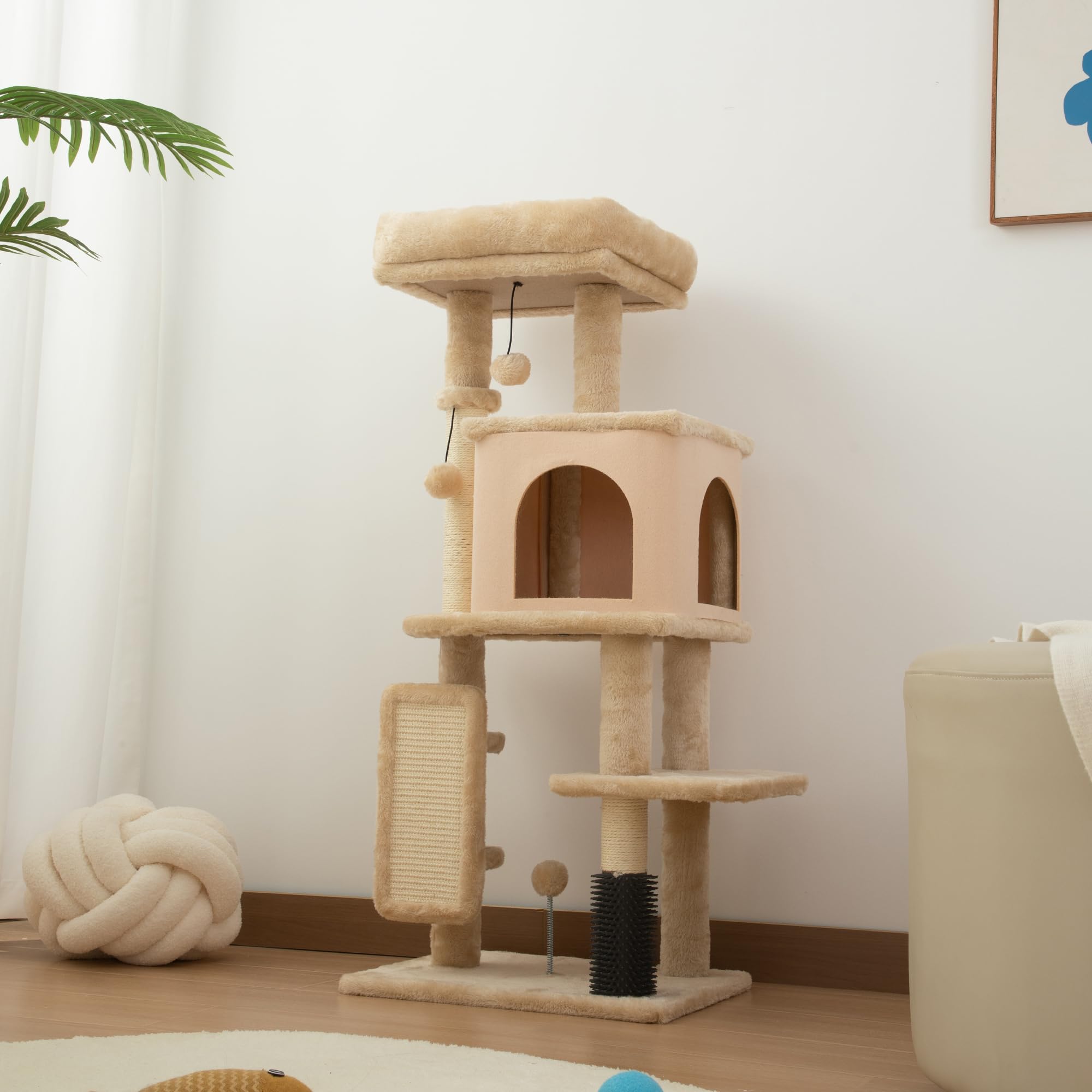 PawHut Árbol Rascador para Gatos - Altura 104 cm con Plataformas, Bolas Colgantes y Almohadilla para Rascar - Beige