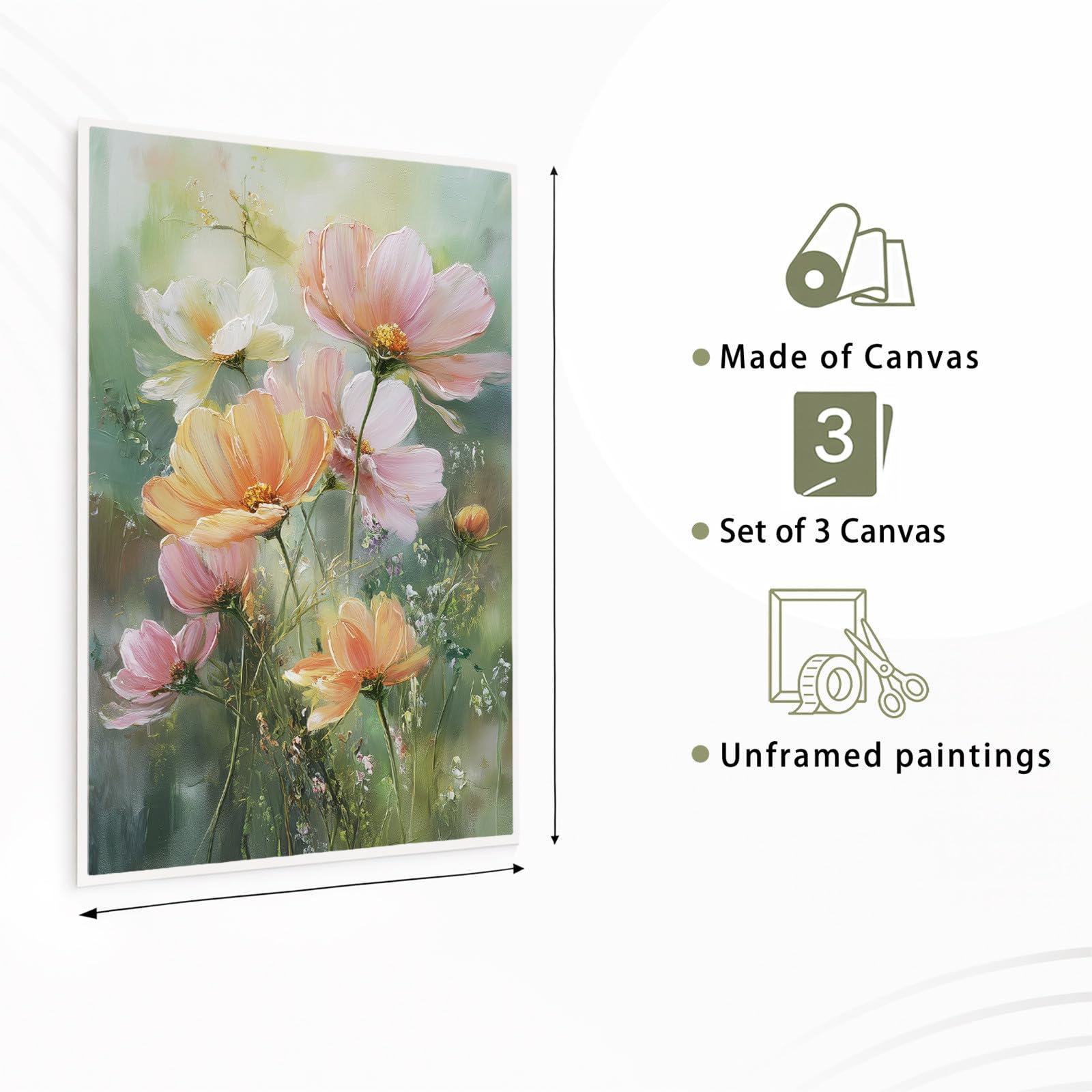 Générique Duży krajobraz 3 sztuki druk na płótnie 50 x 70 cm, botaniczny kwiatowy sztuka ścienna plakaty miękki obraz olejny kosmos pogodny świeży kwiat dekoracja do sypialni, salonu, kuchni