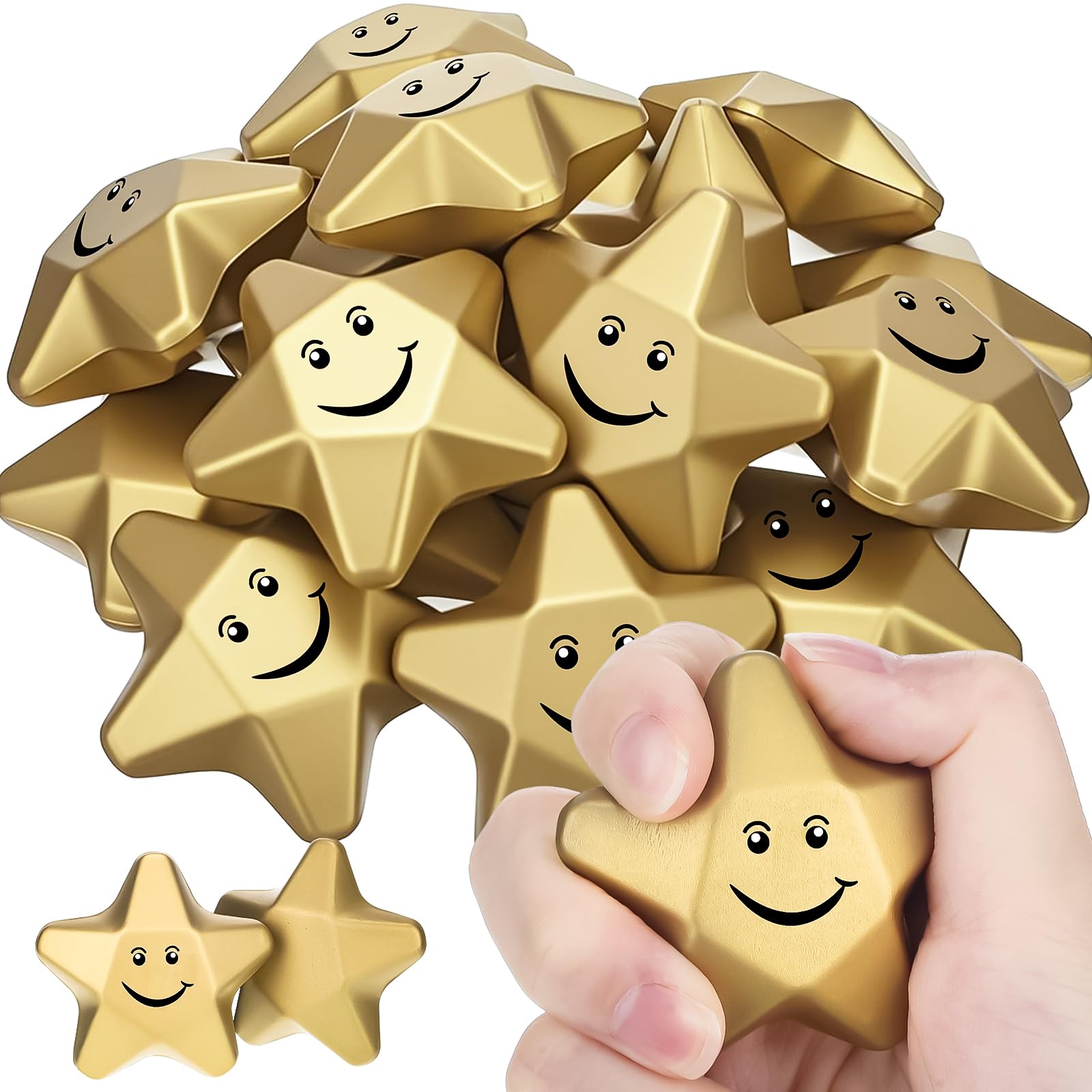 Deekin 36 Pieces Star Stress Balls Mini Foam Ball Stress Relief Toys for Teens and Adults Student Bag Fillers, Gold(Smile,1.6 Inch)