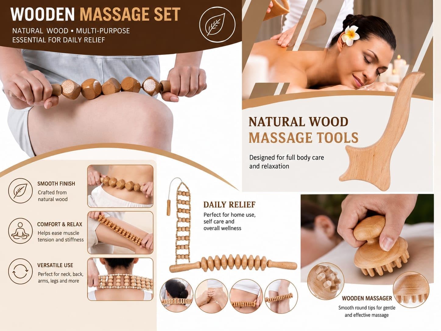 7-in-1ct, Wood Therapy Kit for Lymphatic Drainage, Maderoterapia Wooden Massager, Anti Cellulite Body Sculpting Roller, Body Contouring Tool for Waist, Legs & Back