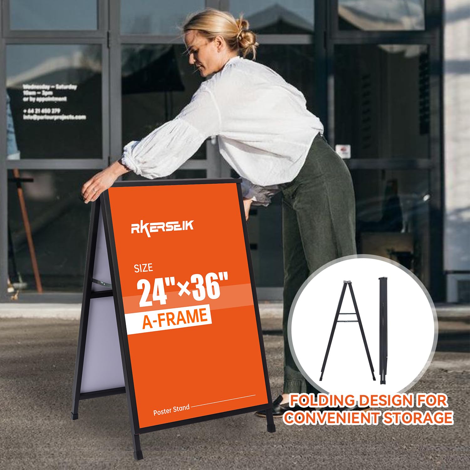 Wytrzymałe tabliczki na chodniki w kształcie litery A, płyta kanapkowa, czarna stal powlekana, metalowe, przenośne, dwustronne, składane z 2 tekturowymi plastikowymi tablicami plakatowymi (24 x 36 cm,