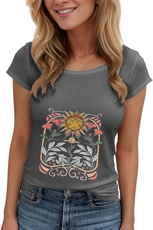 Women's Floral T-Shirts Graphic Loose Tees Sunflower Graphic Summer Short Sleeve Boho Casual Tops
