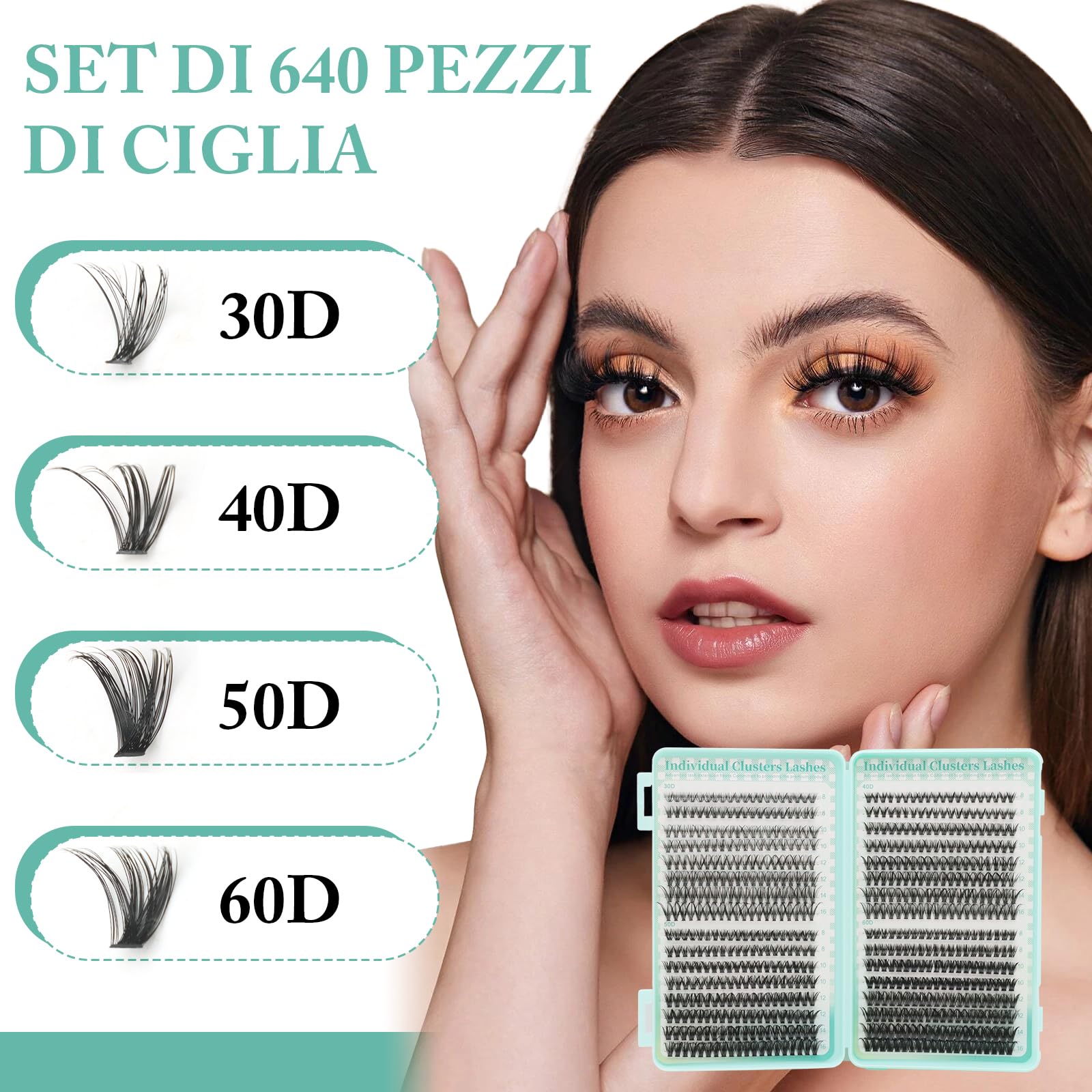 VEGCOO 640 Pezzi Ciglia Finte Extension Ciglia, 30D-40D-50D-60D Curl Ciglia Finte Ciuffetti, 8-16mm Kit di Extension per Ciglia, DIY Eyelash Extension per Donne Principianti,Confezione regalo verde