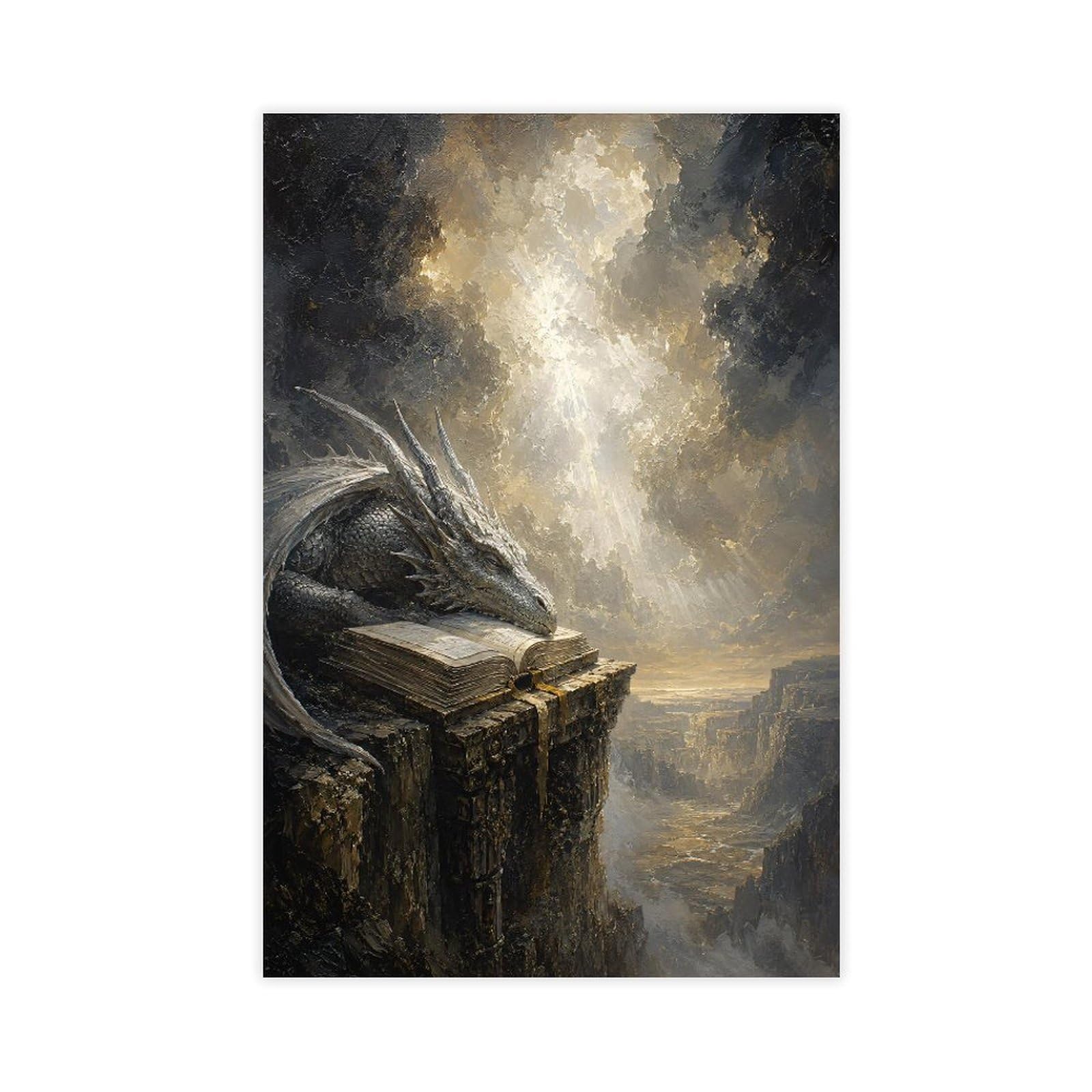 H3B8U2Y5 Dragon on Cliffside Book Canvas Wall Art, Surrealist Style