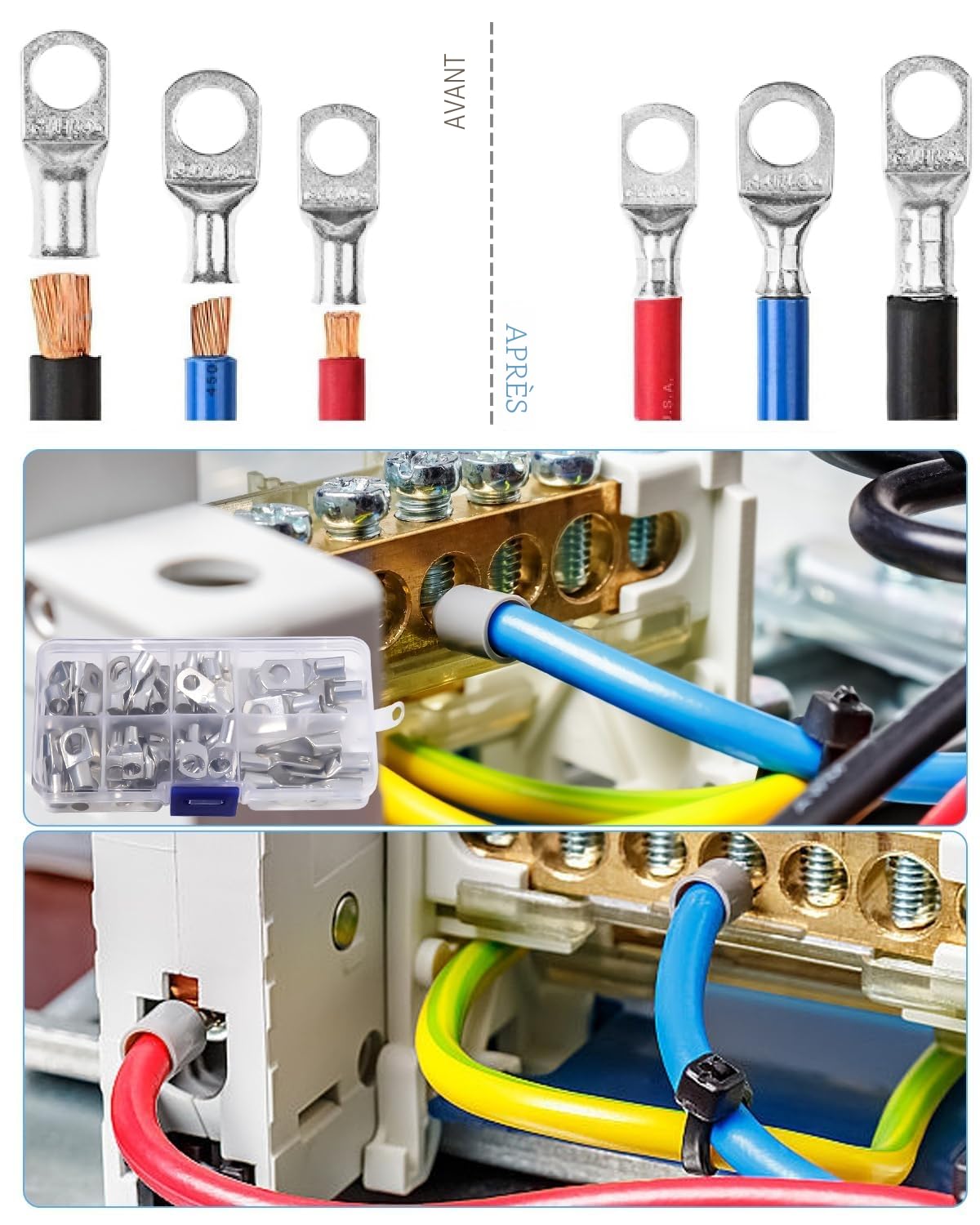 Pince a Sertir,AWG 10-0,6/10/16/25/35/50 mm² pince à sertir cosses avec Bornes à anneau en cuivre +60 PCS de gaine thermorétractable pince a sertir electrique multicouche Cliquet de sertissage pince