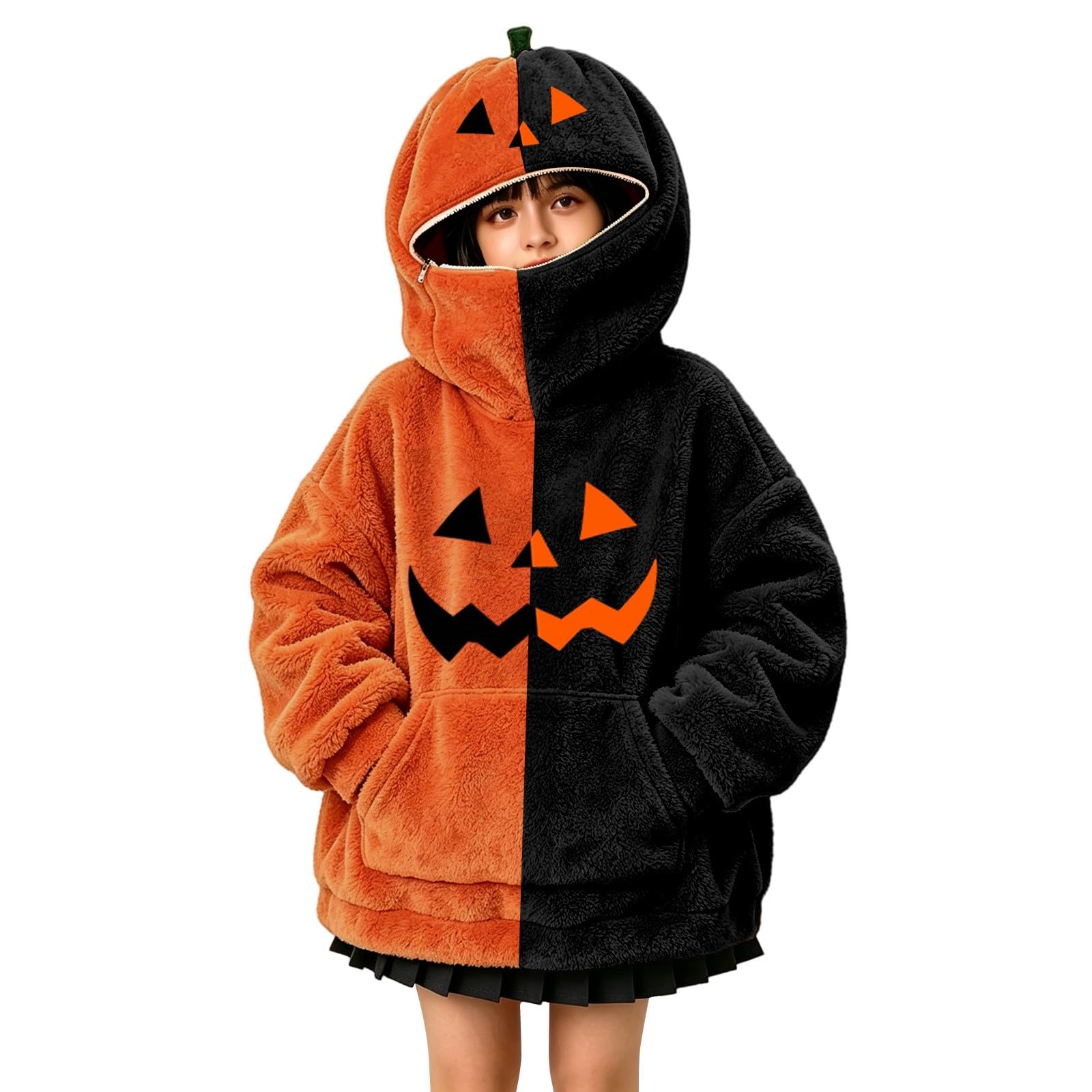 Felpa con cappuccio da ragazza con zucca, colore sfocato | Felpe con cappuccio a due tonalità con viso di zucca per feste di Halloween, per autunno inverno, scuola, vacanze