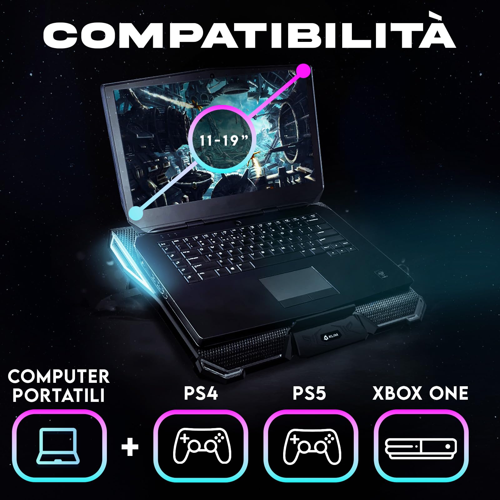 KLIM Cyclone Base di Raffreddamento PC Portatile 5 Ventole Supporto Raffreddatore Cooling Pad Gaming PS5 PS4 Xbox One Blu