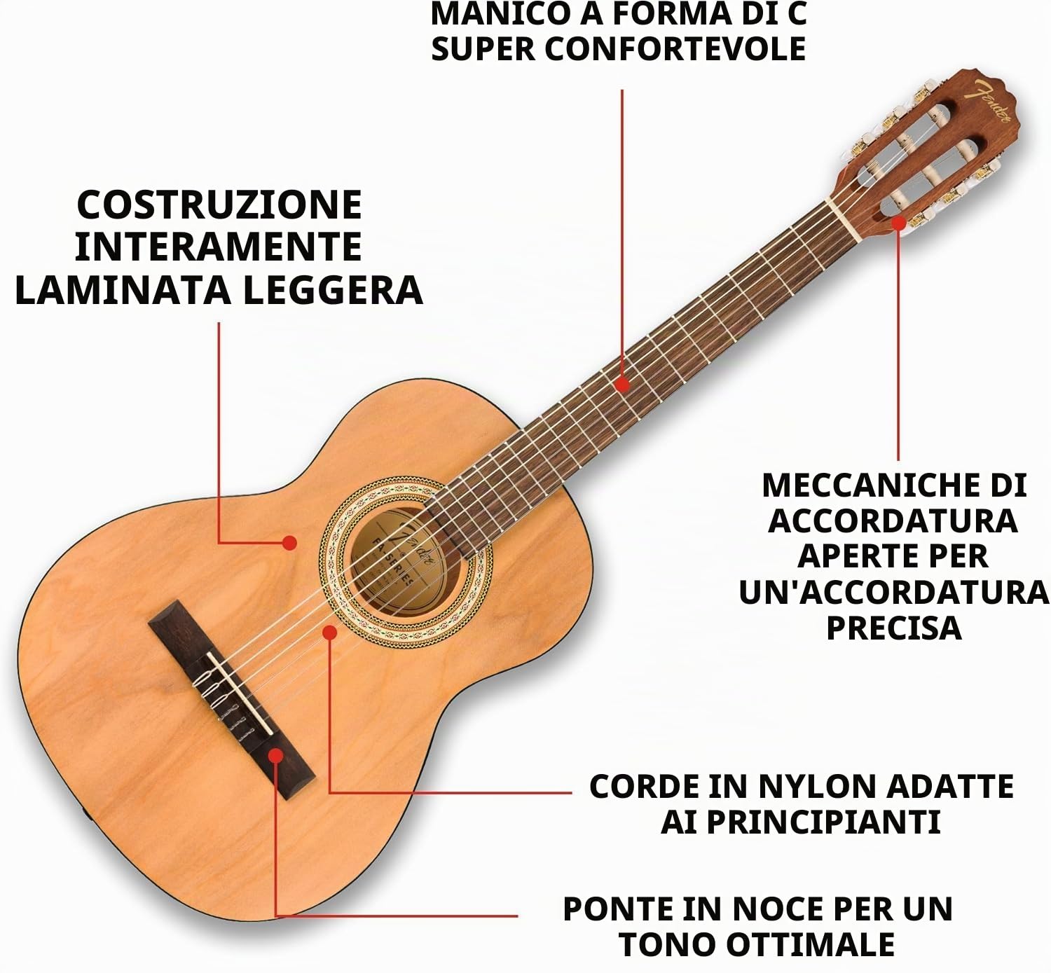 Fender Classic Design CN-25 in nylon a corde, tastiera in noce a scala corta, chitarra acustica classica 3/4, naturale. Ideale per principianti