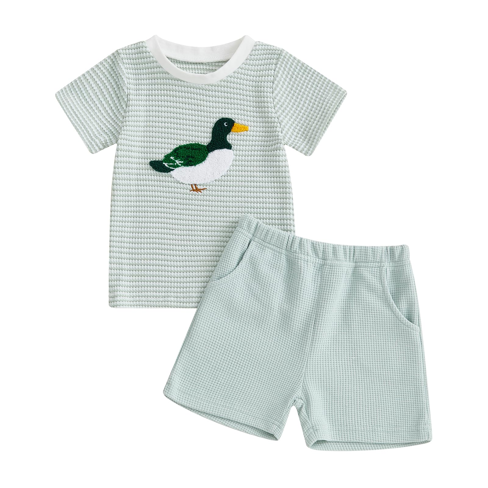 Socutebabe Toddler Boy Summer Outfits Mallard Duck Short Sleeve Top And Shorts 2 Piece Smocked Outfit Baby Clothes (Duck Green, 18-24 Months)