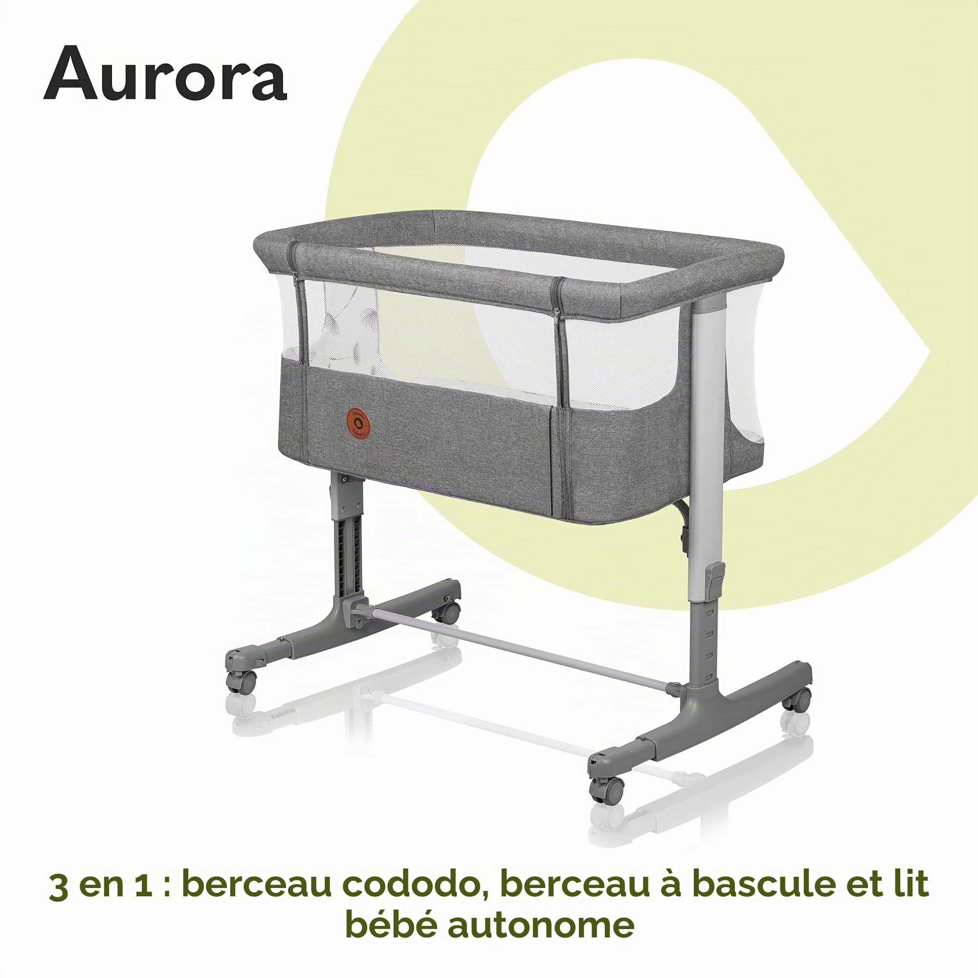 lionelo Aurora Lit de Chevet 3 en 1 pour bébé de la Naissance à 9 kg, Hauteur et Inclinaison réglables, Matelas, 4 Roues verrouillables, Panneaux en Maille Respirante, Portable, Lavable, Sac de
