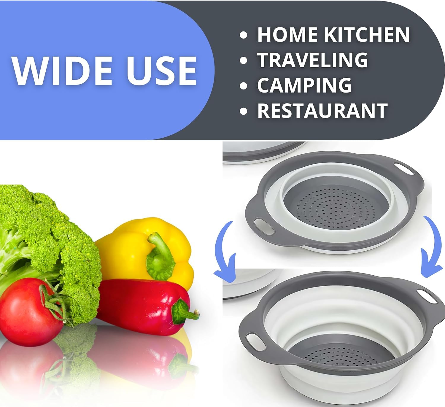 Passoire ronde pliable en silicone blanc - Passoire de cuisine ronde en silicone avec poignées en plastique Passoire ronde pliable en silicone blanc - Passoire de cuisine ronde en silicone avec poignées en plastique