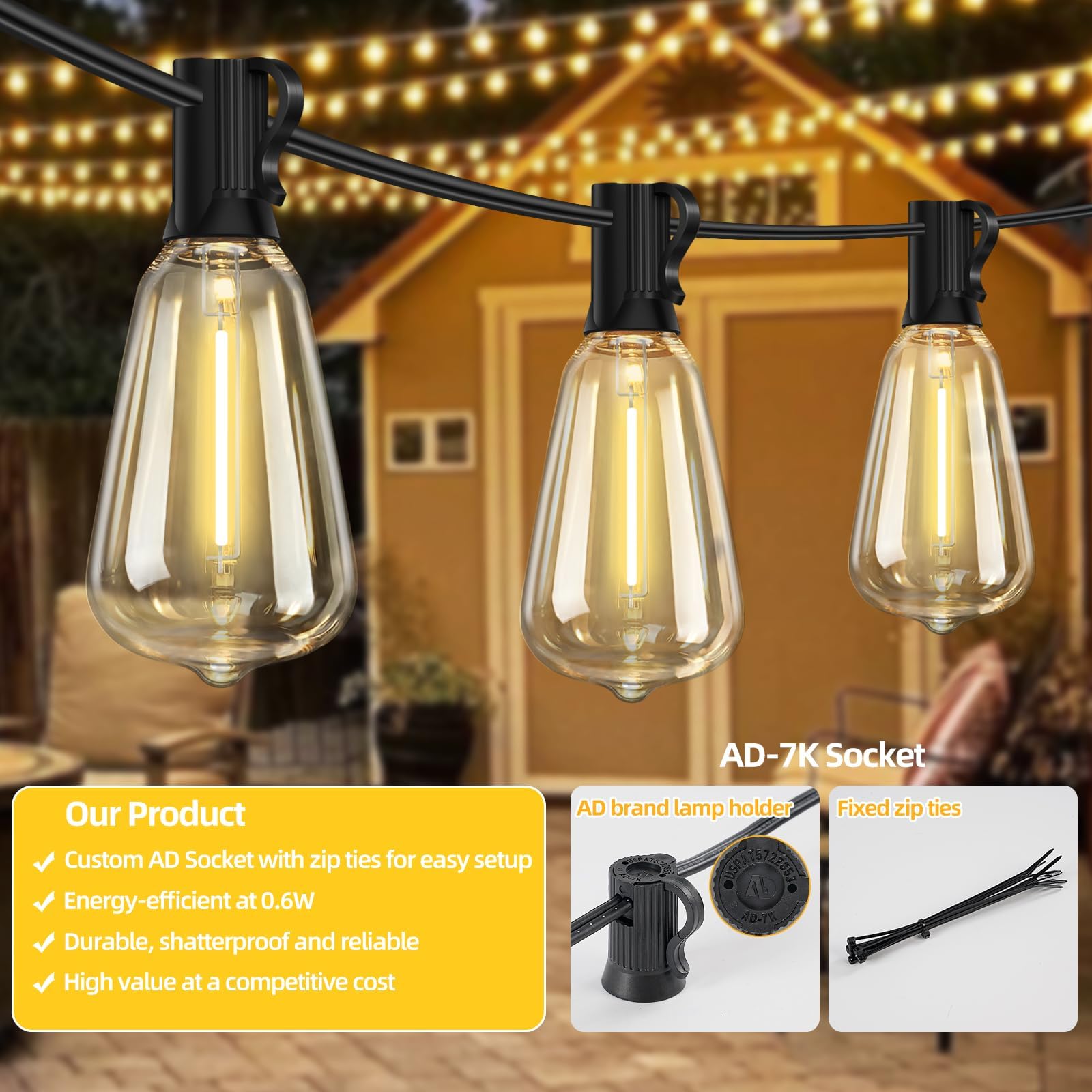 Cadena de luces LED para exteriores de 50 pies con 25 + 2 bombillas de repuesto, casquillo E12, blanco cálido de 2700 K, para patio, boda, camping, porche, cubierta, cenador